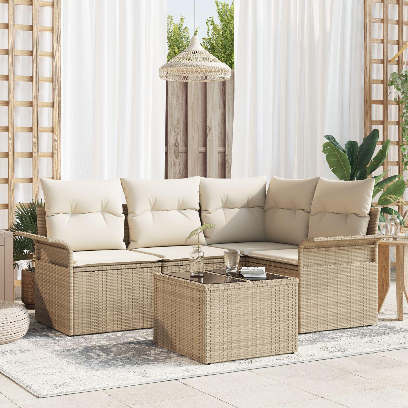 Havesofa sæt i polyrattan med puder 5 stk - beige