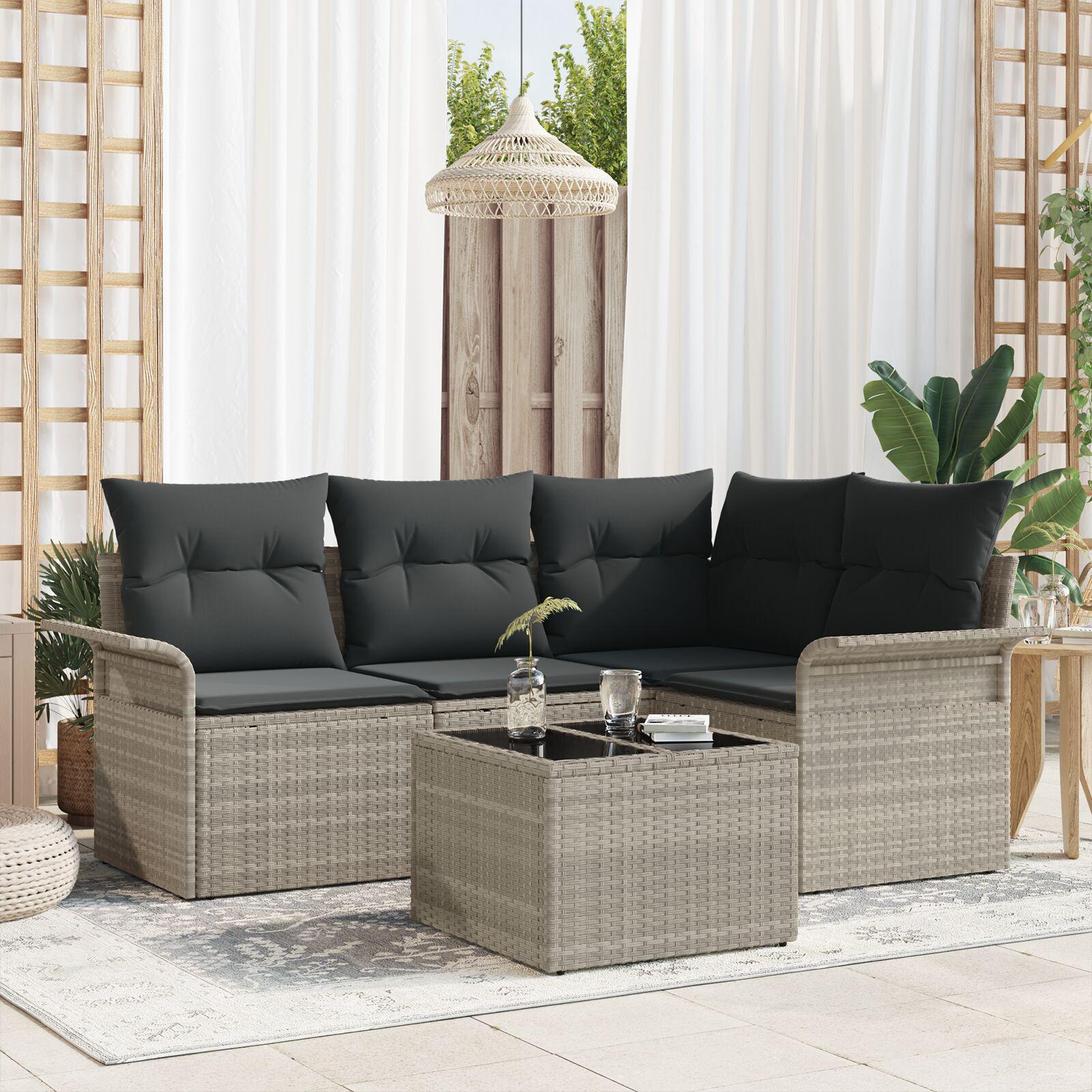 Havesofa Sæt med pude 5 stk Lysegrå Poly rattan