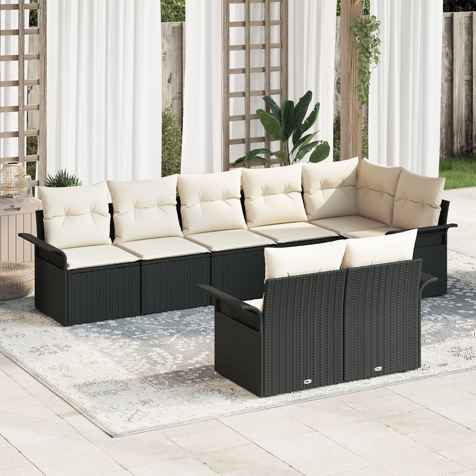 Havesofa Sæt med pude 8 stk Sort Poly rattan