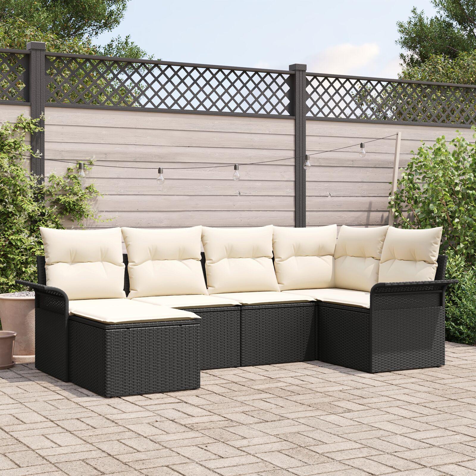 Havesofa Sæt med pude 6 stk Sort Poly rattan
