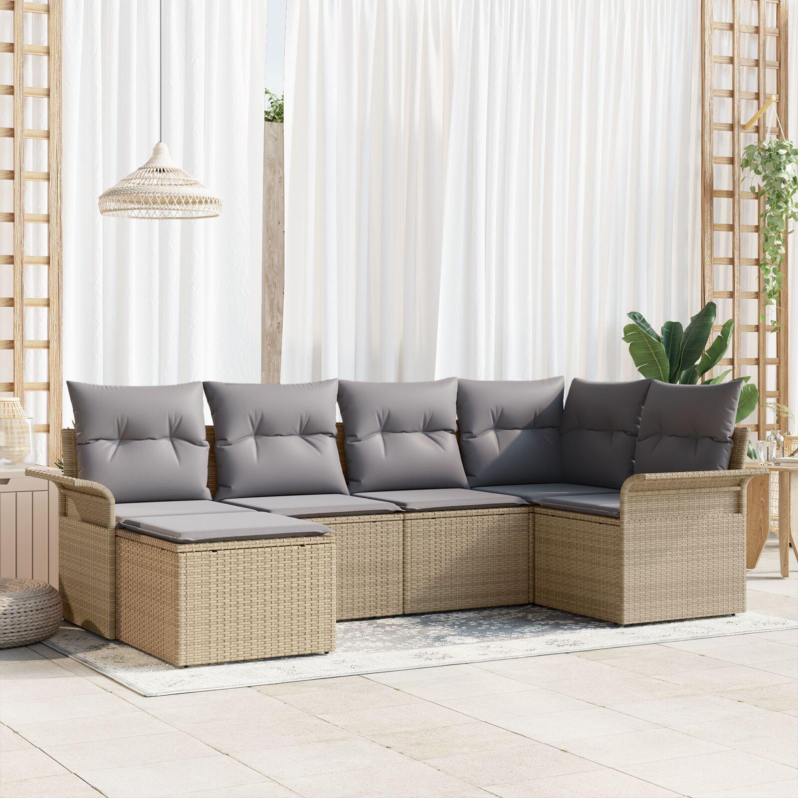 Havesofa Sæt med pude 6 stk Beige Poly rattan