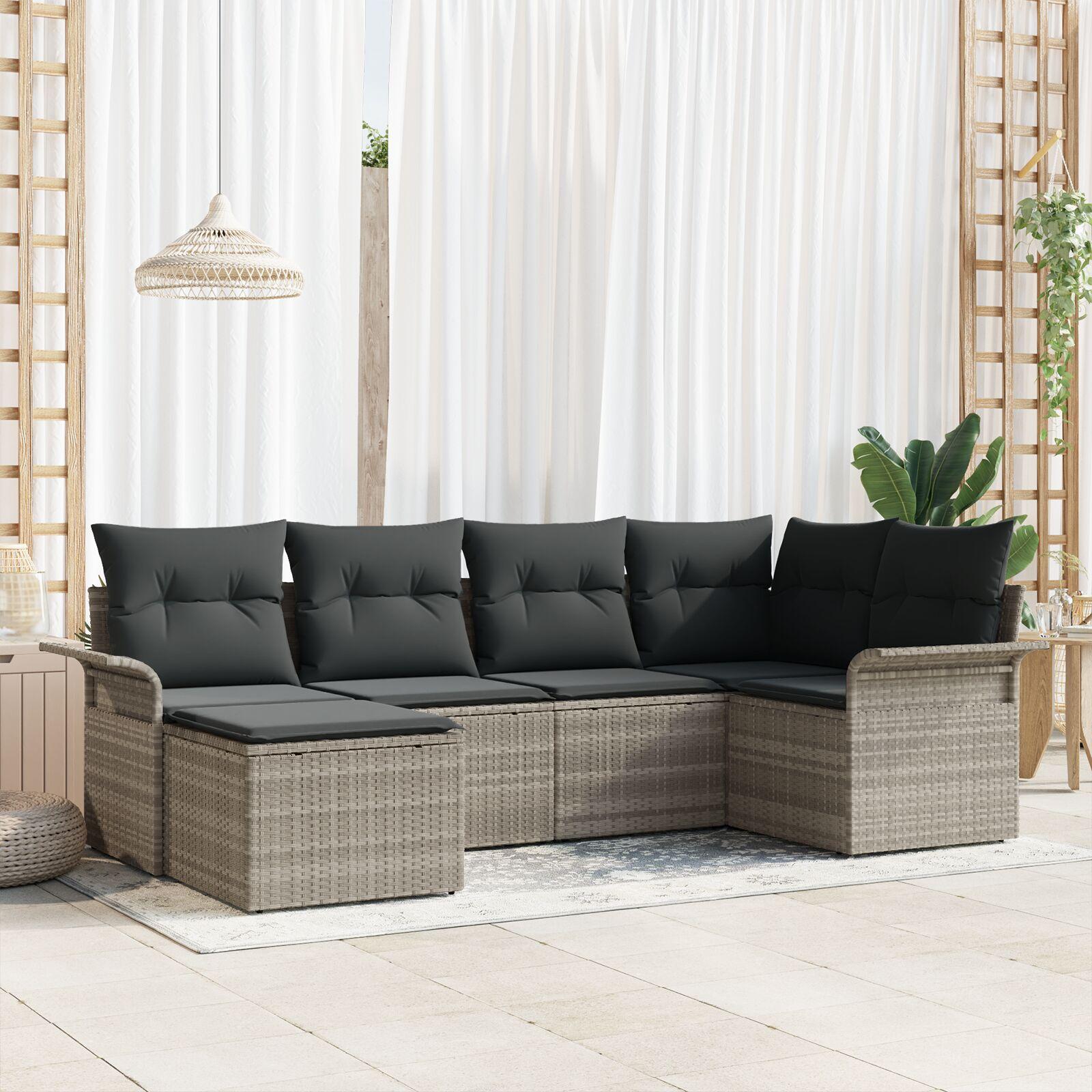 Havesofa Sæt med pude 6 stk Lysegrå Poly rattan