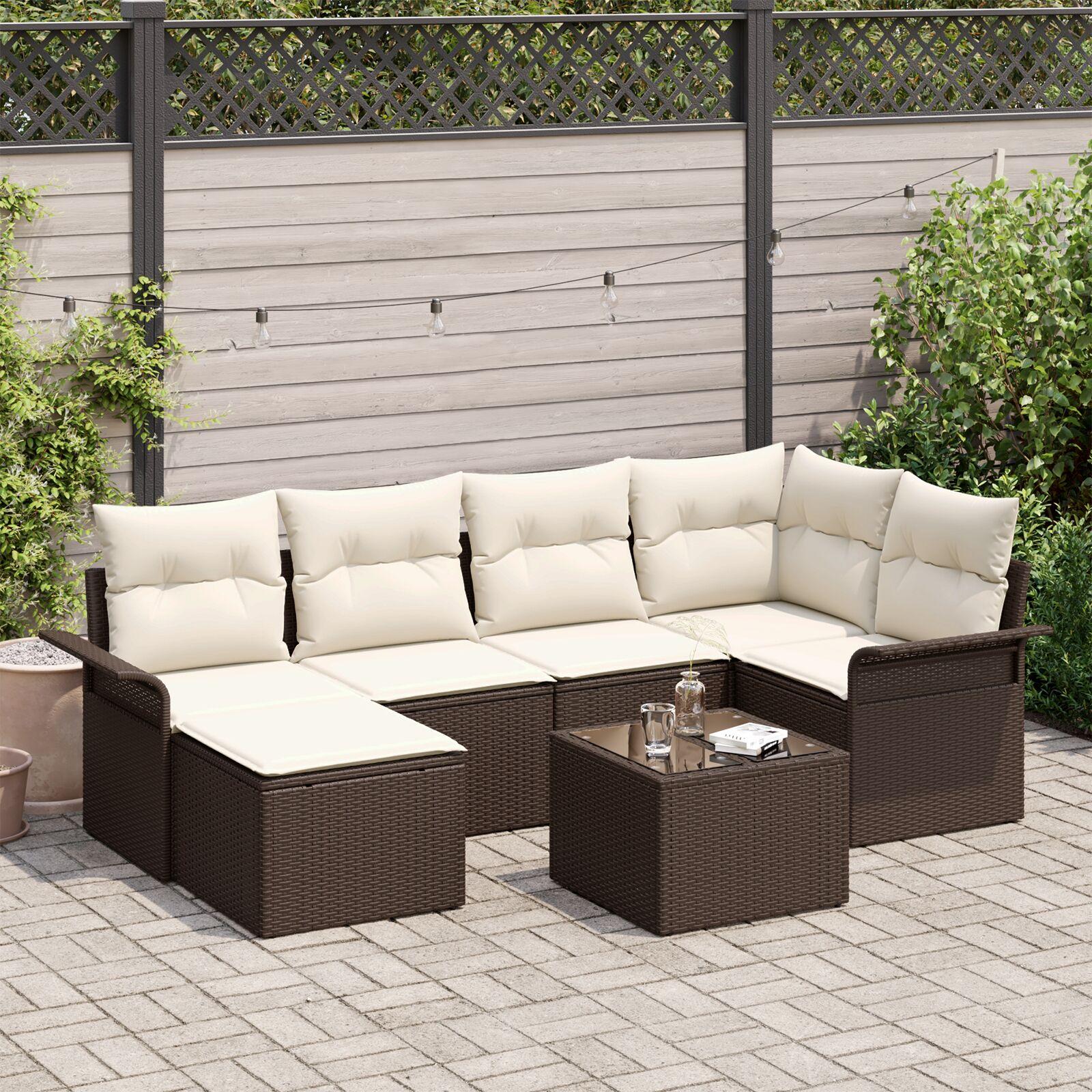 Havesofa Sæt med pude 7 stk Brun Poly rattan