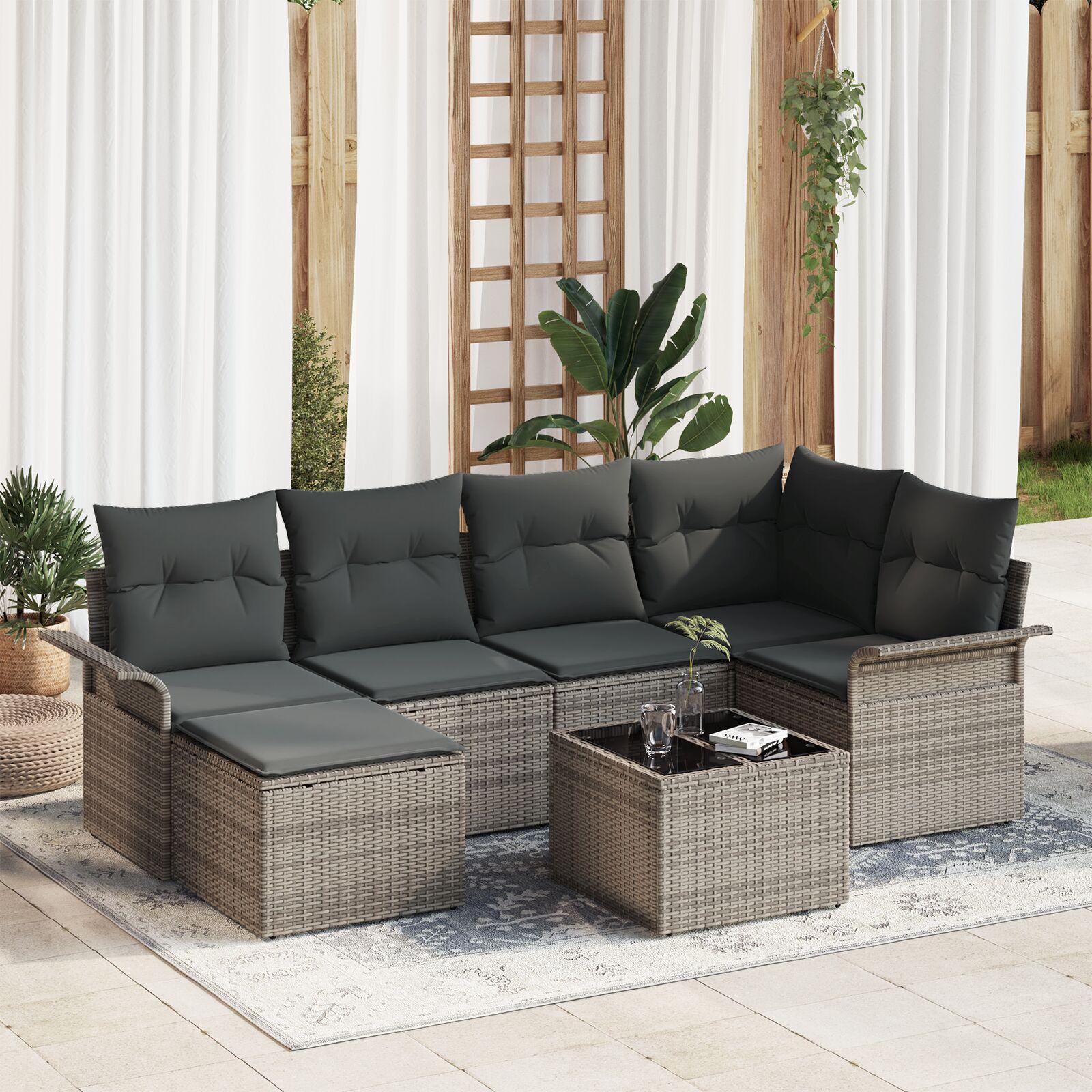 Havesofa Sæt med pude 7 stk Grå Poly rattan