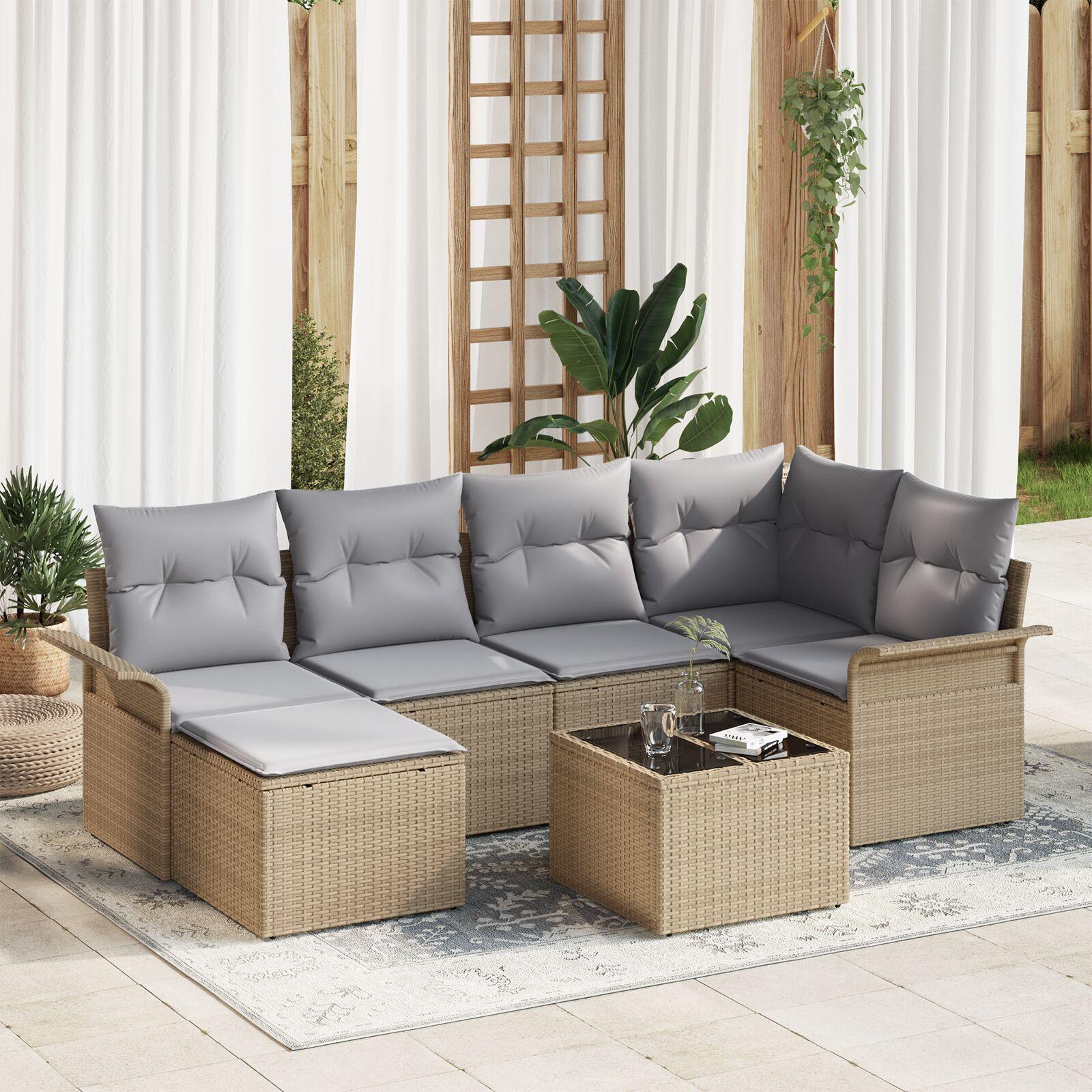 Havesofa Sæt med pude 7 stk Beige Poly rattan