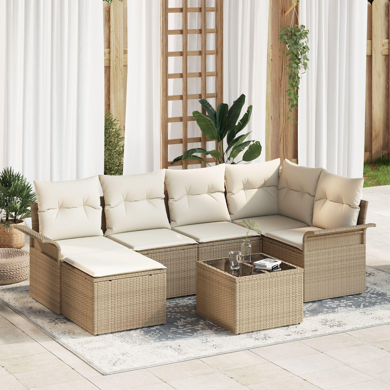 Havesofa sæt med puder 7 dele i beige polyrattan