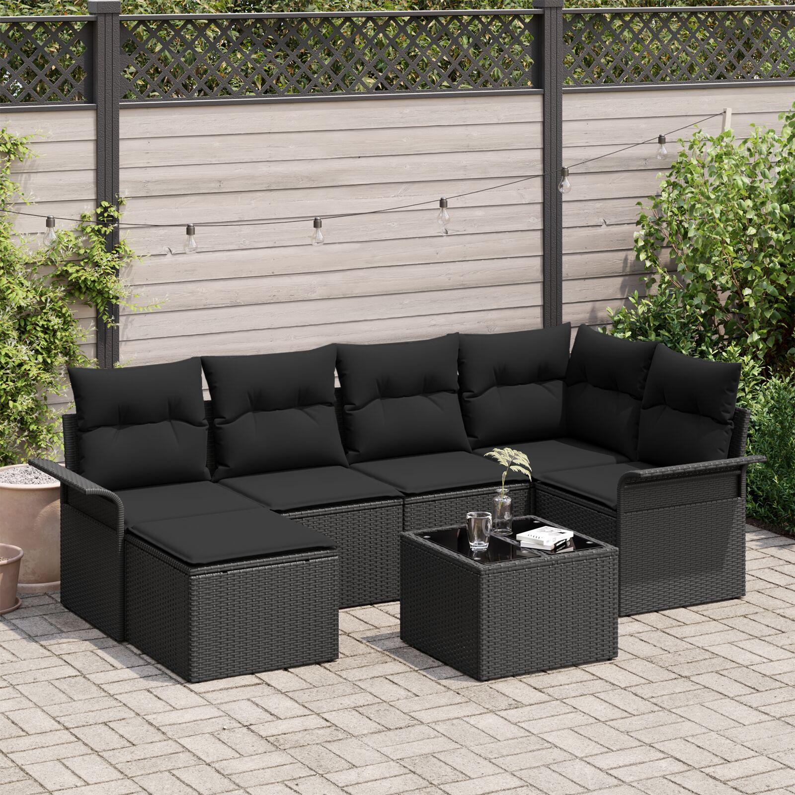 Havesofa Sæt med pude 7 stk Sort Poly rattan