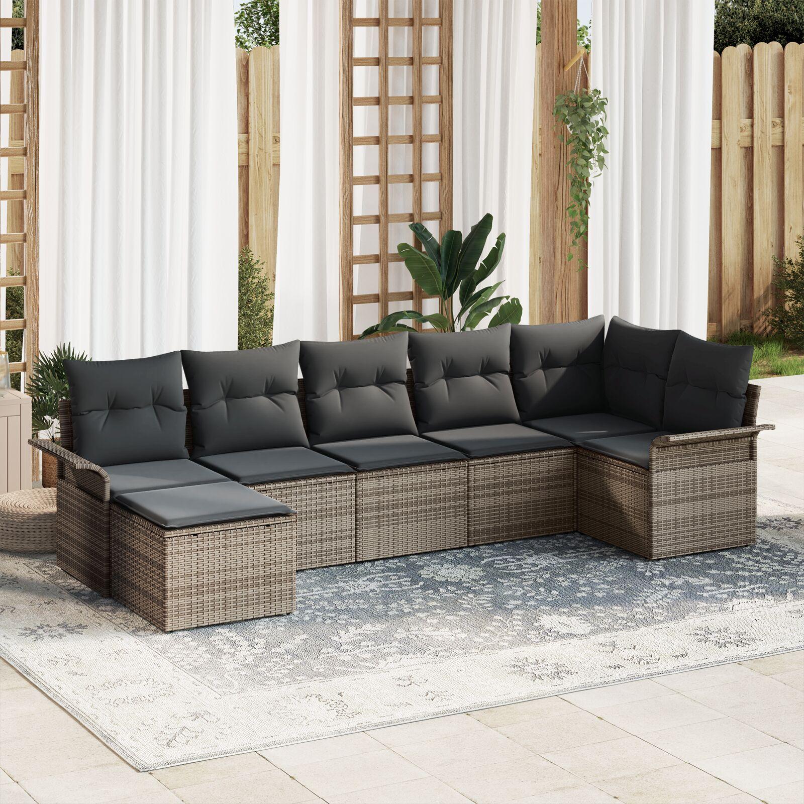 Havesofa Sæt med pude 7 stk Grå Poly rattan