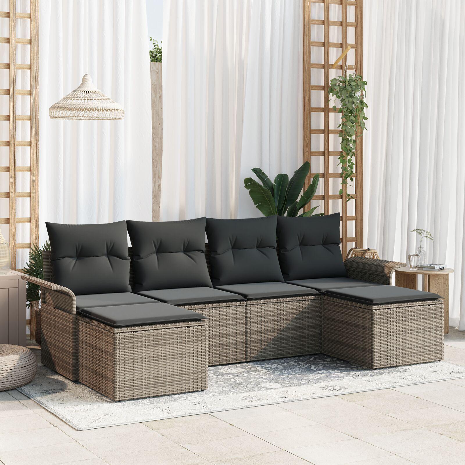 Havesofa Sæt med pude 6 stk Grå Poly rattan