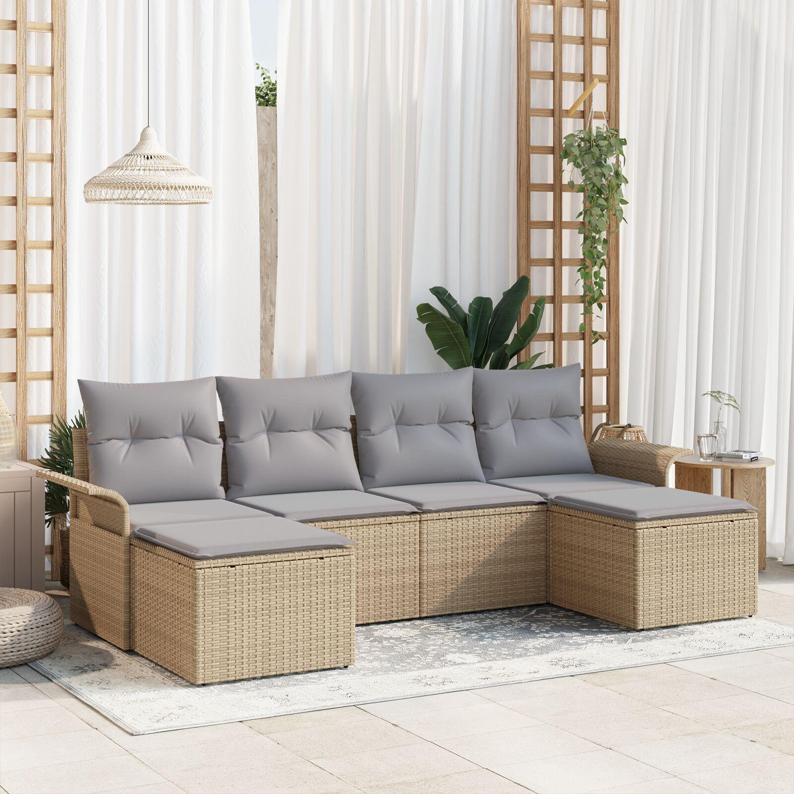 Havesofa Sæt med pude 6 stk Beige Poly rattan