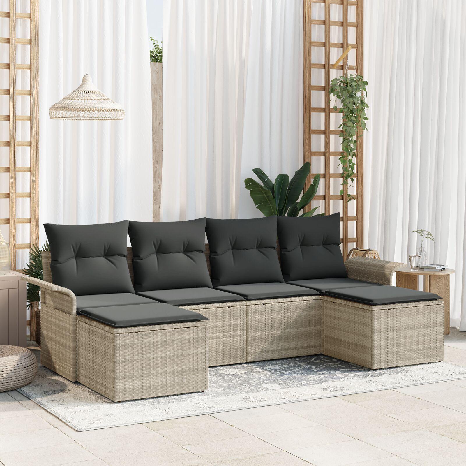 Havesofa Sæt med pude 6 stk Lysegrå Poly rattan