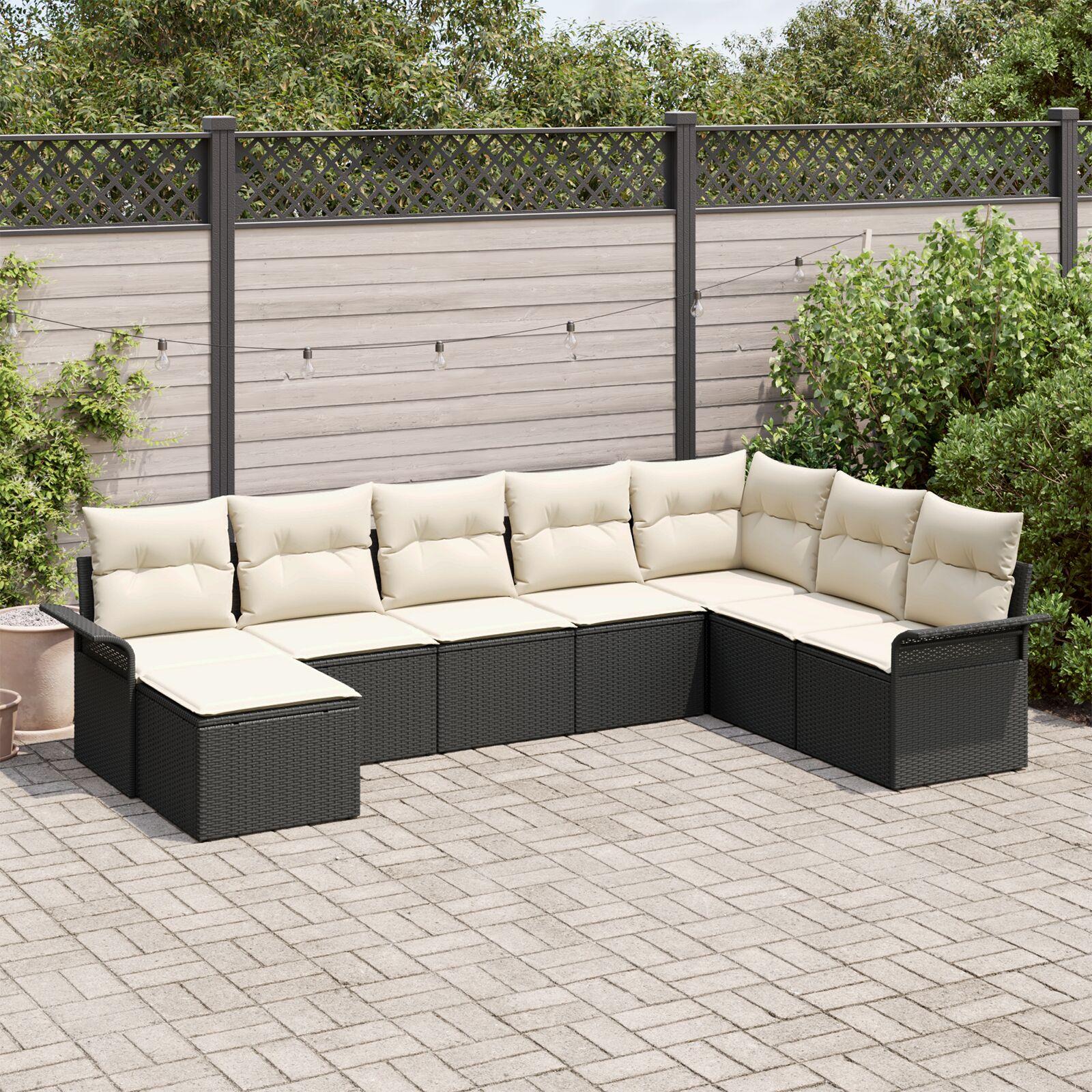 Havesofa Sæt med pude 8 stk Sort Poly rattan