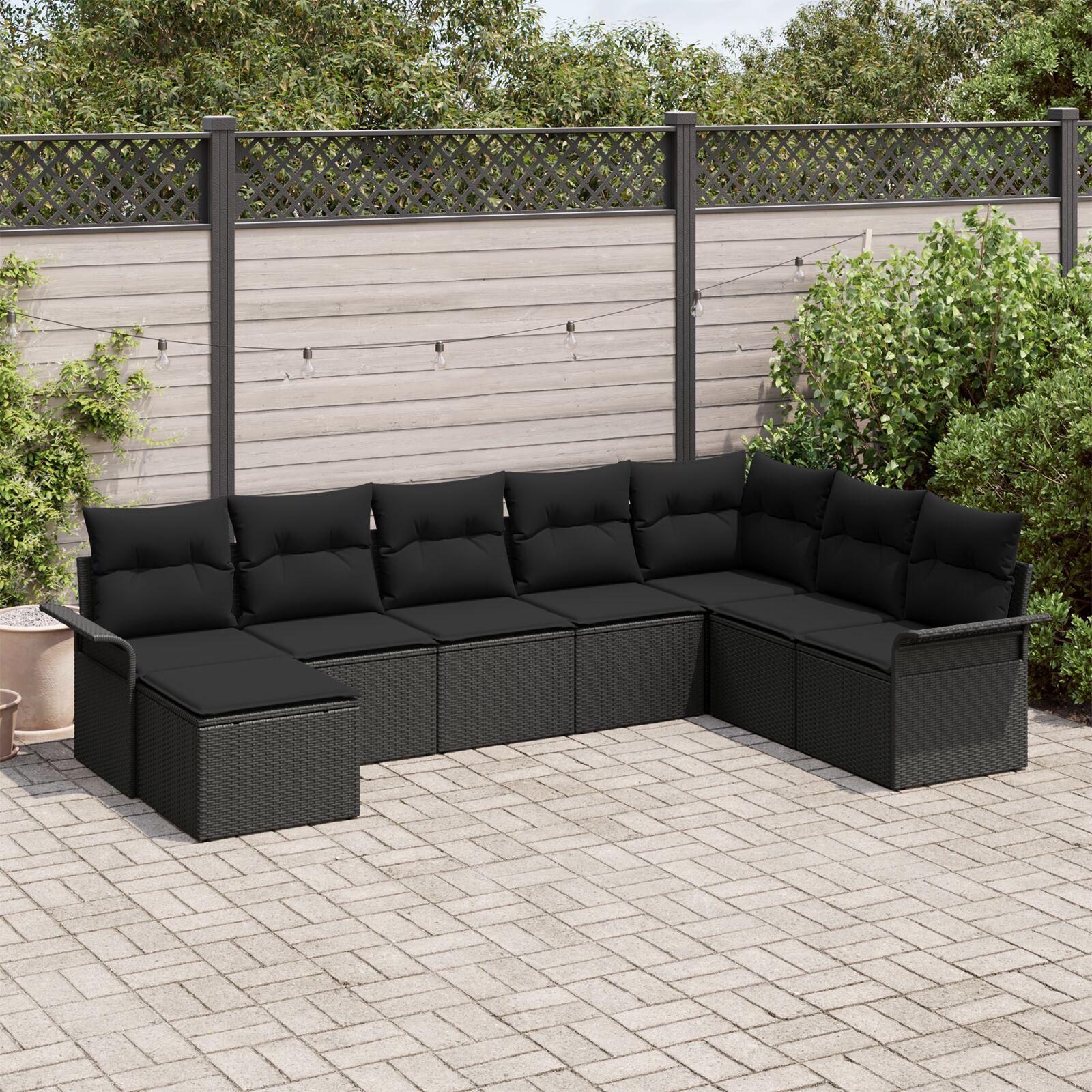 Havesofa Sæt med pude 8 stk Sort Poly rattan