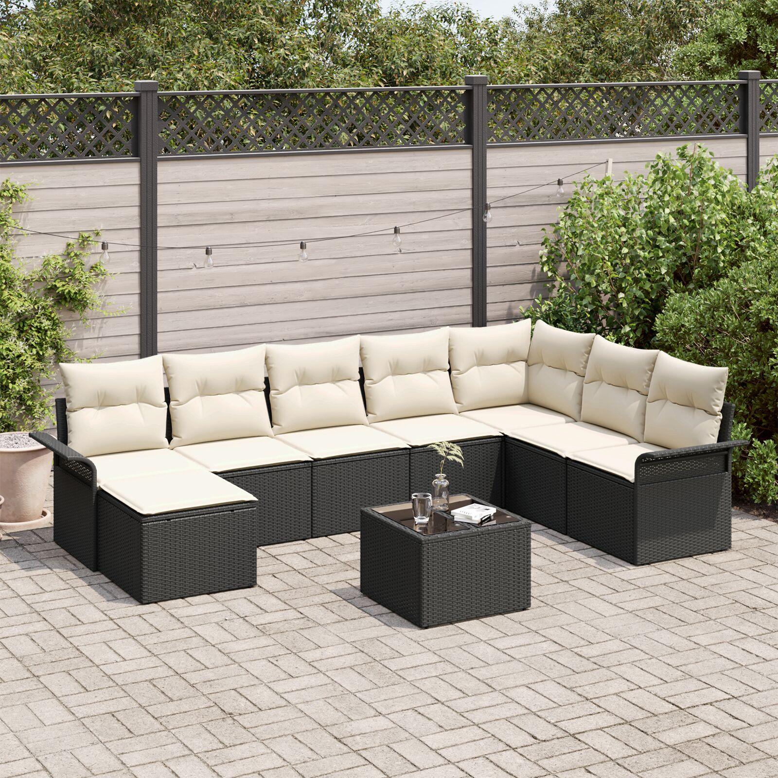Havesofa Sæt med pude 9 stk Sort Poly rattan