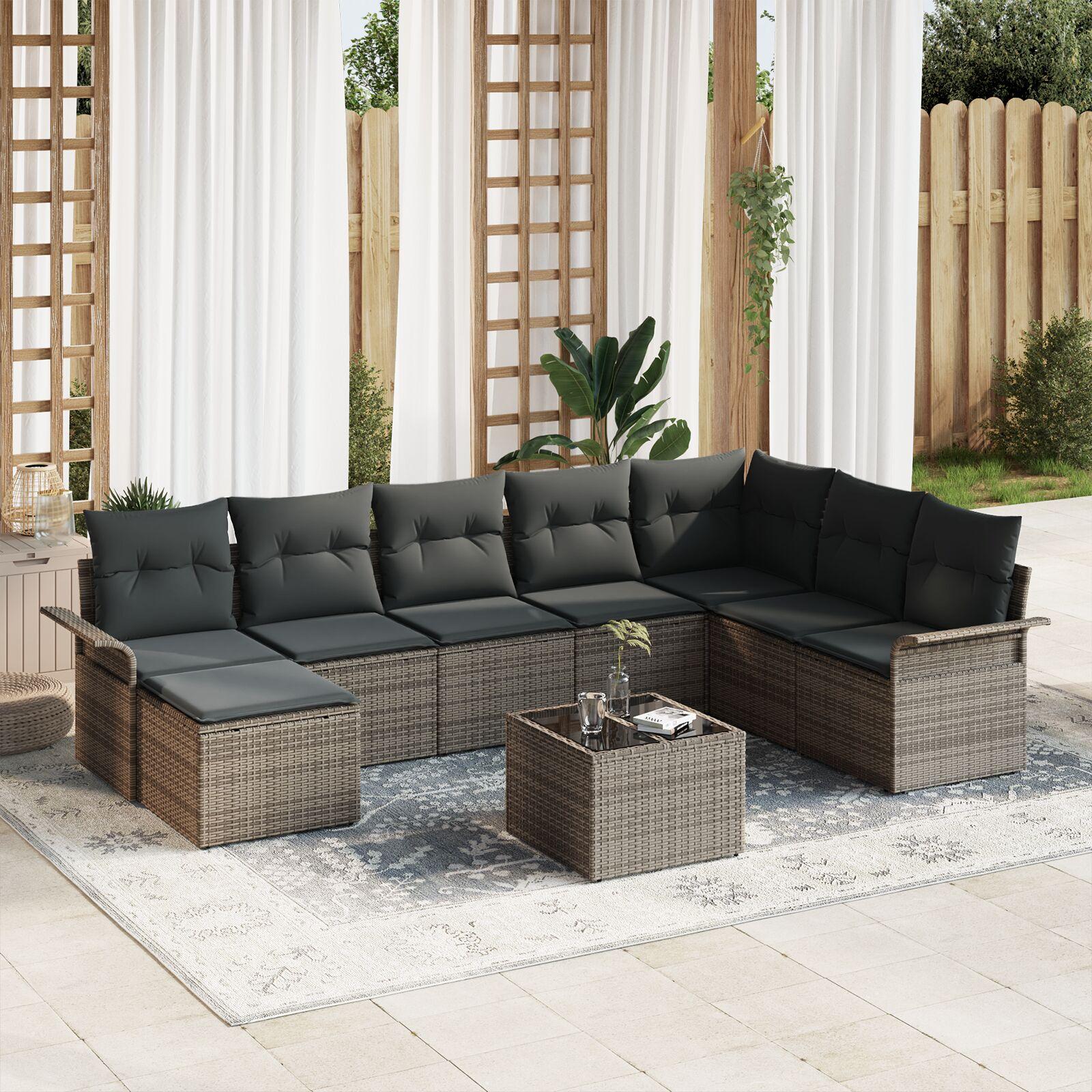 Havesofa Sæt Med Pude 9 Dele Poly Rattan - Grå