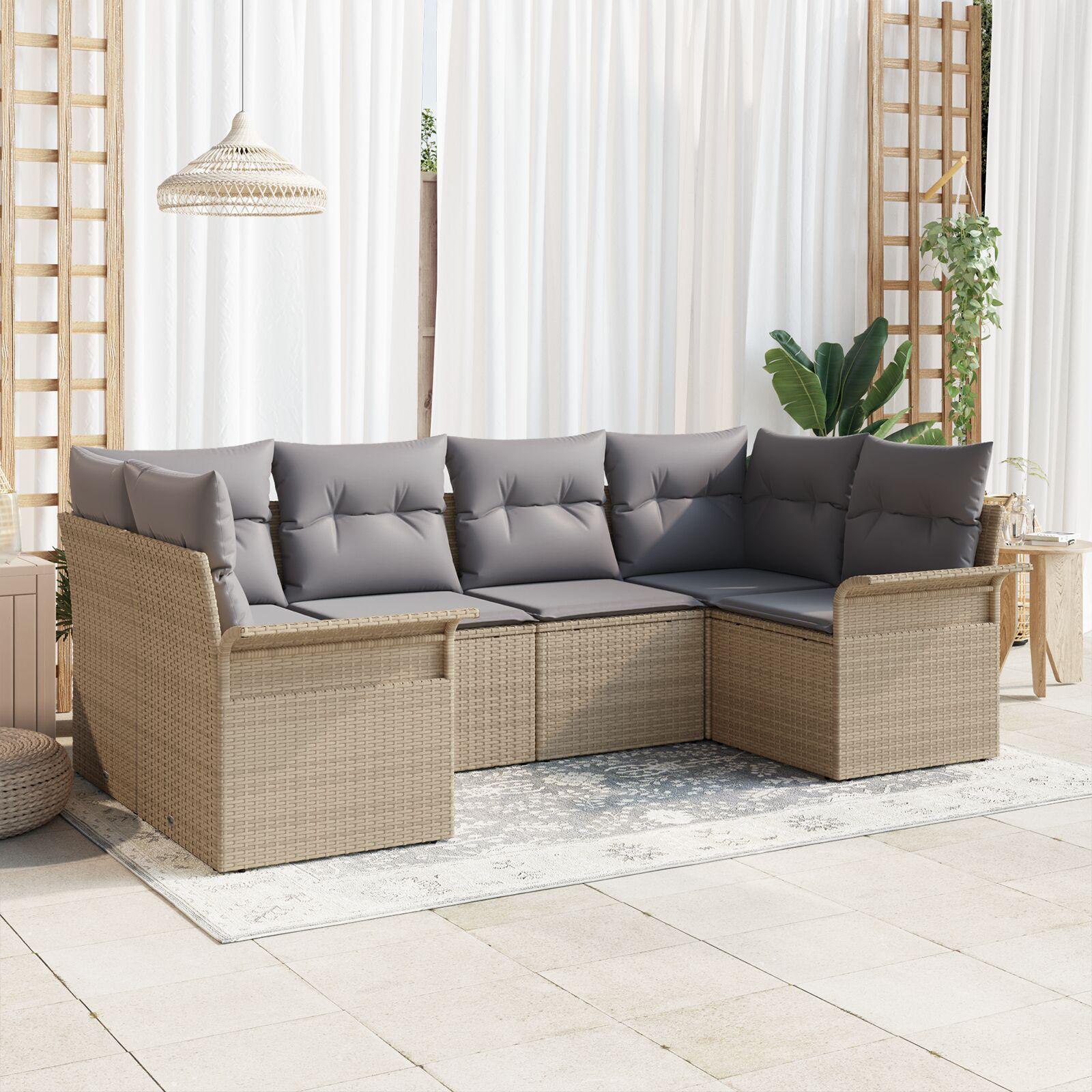 Havesofa Sæt med pude 6 stk Beige Poly rattan