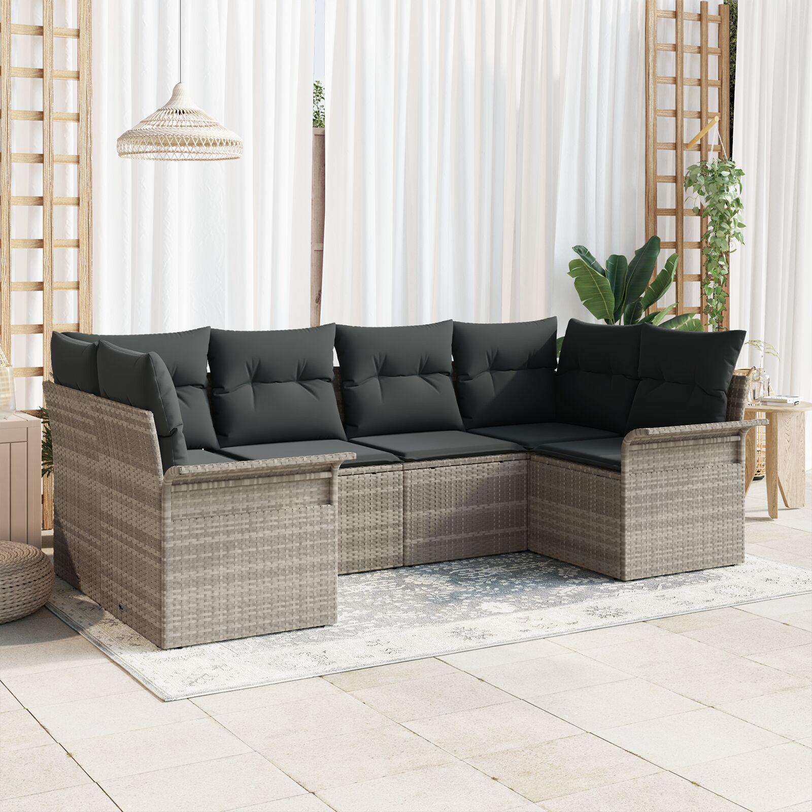 Havesofa Sæt med pude 6 stk Lysegrå Poly rattan