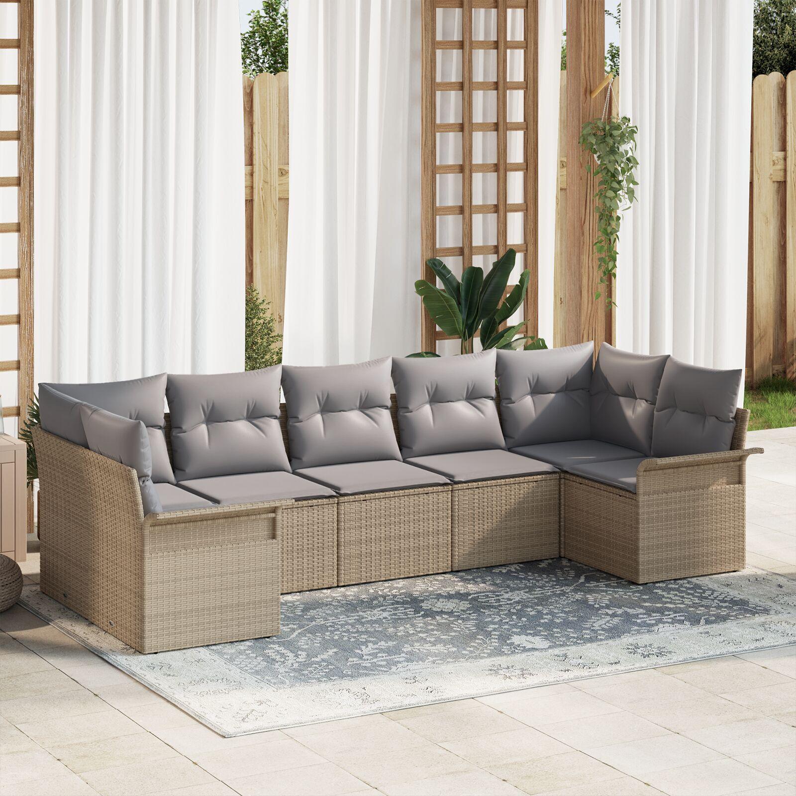 Havesofa Sæt med pude 7 stk Beige Poly rattan