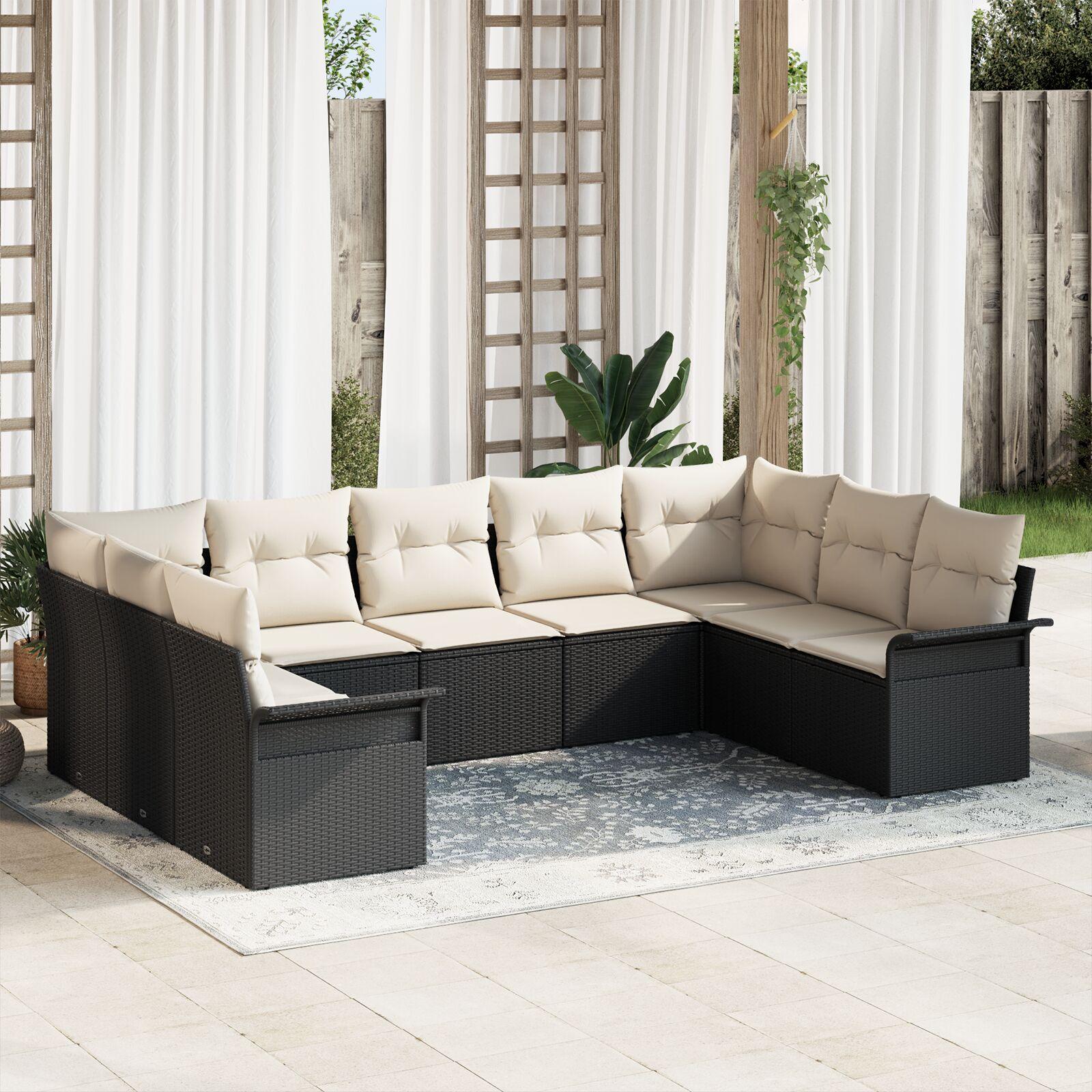 Havesofa Sæt med pude 9 stk Sort Poly rattan