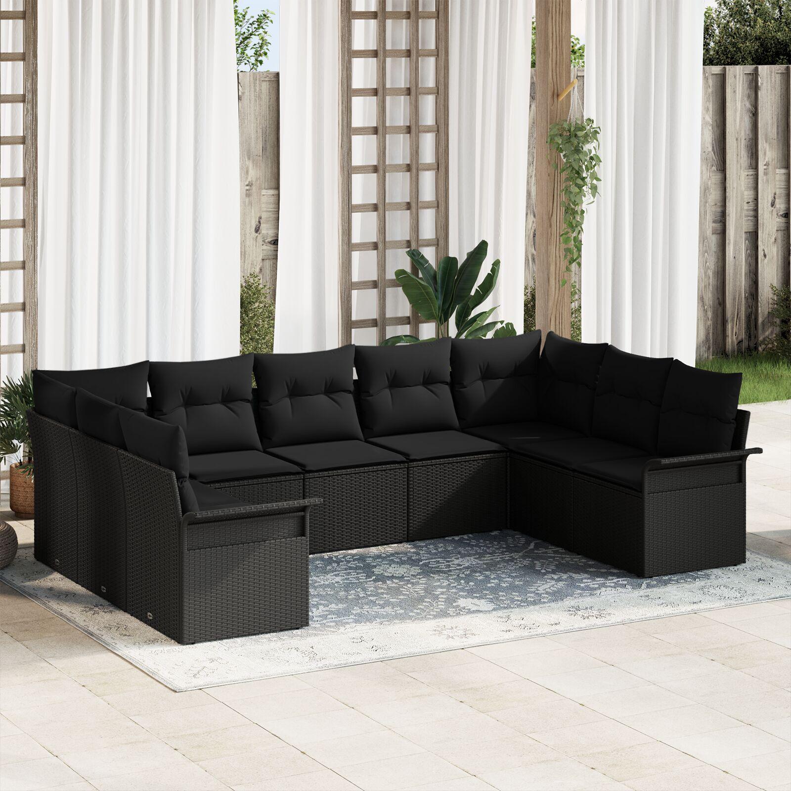 Havesofa S��t med pude 9 stk Sort Poly rattan