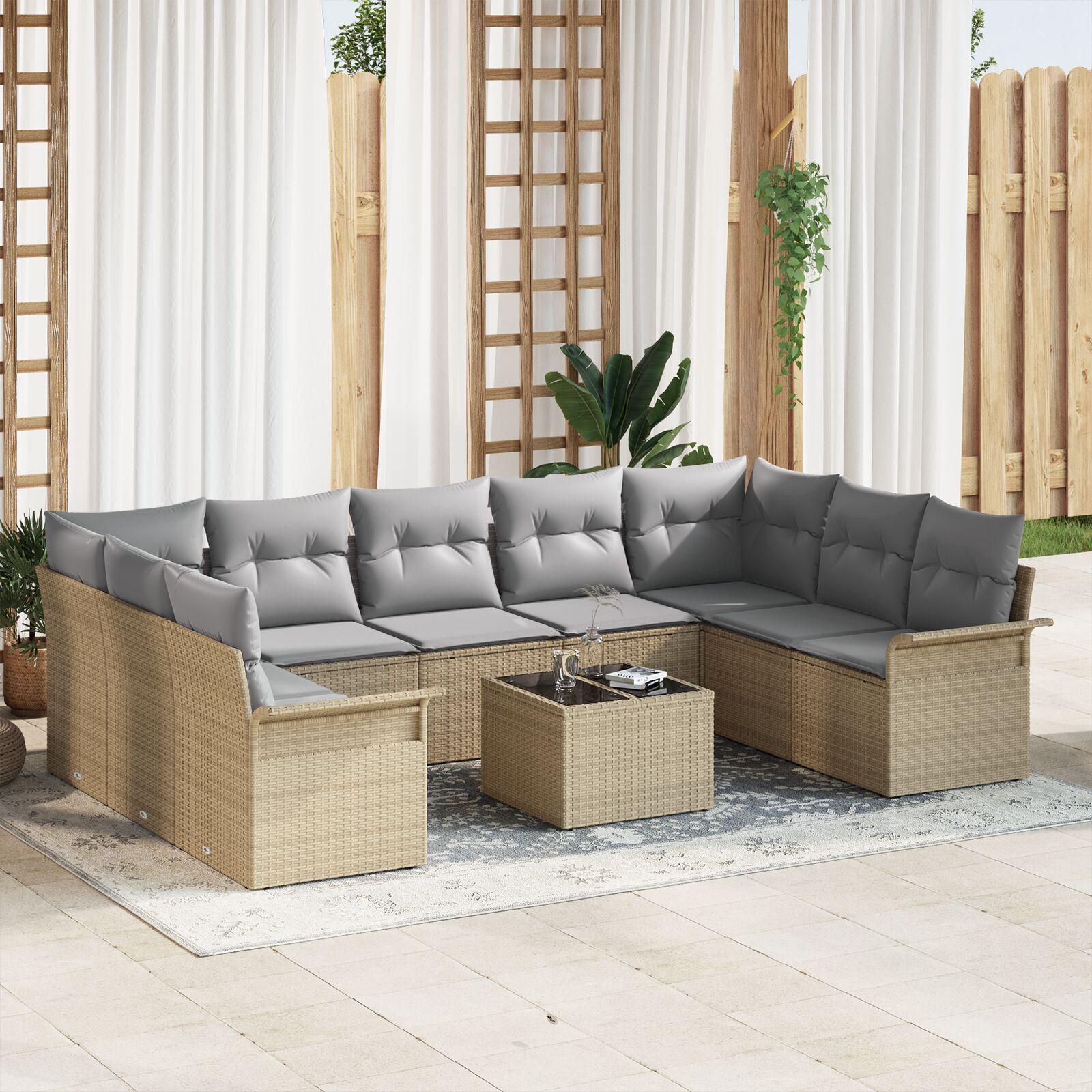 Havesofa Sæt med pude 10 stk Beige Poly rattan