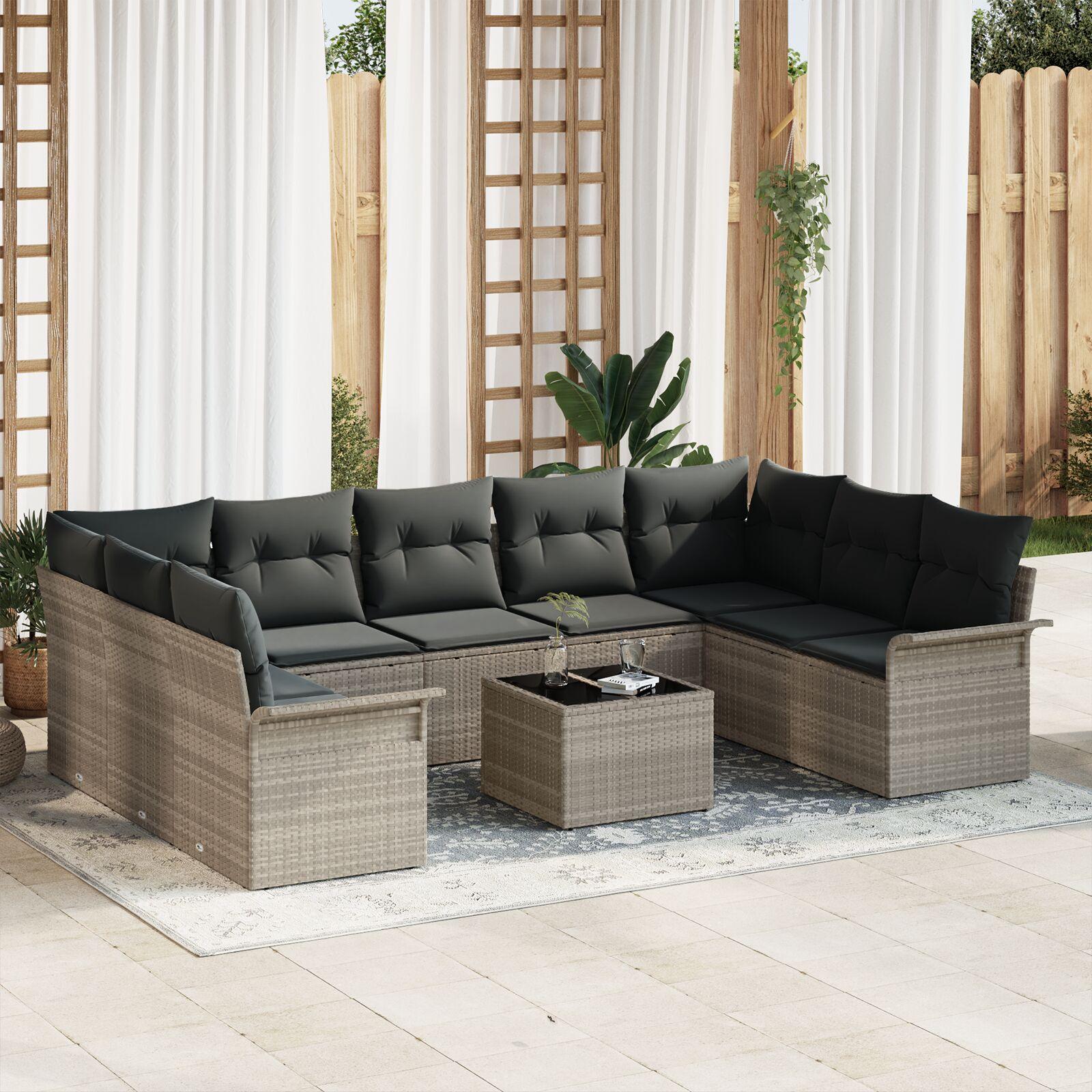 Havesofa sæt i lysegrå polyrattan - 10 dele med puder og bord