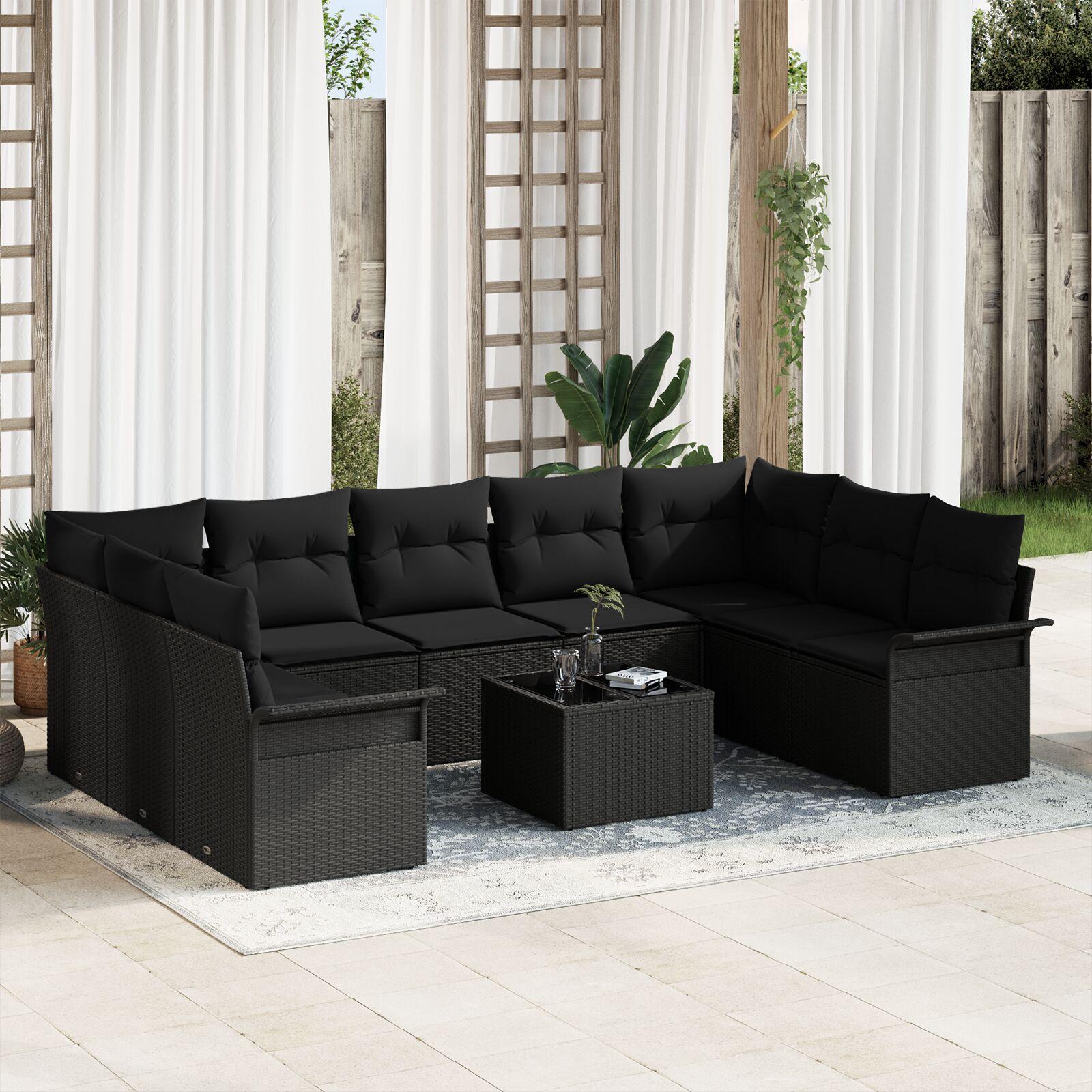 Havesofa Sæt med pude 10 stk Sort Poly rattan