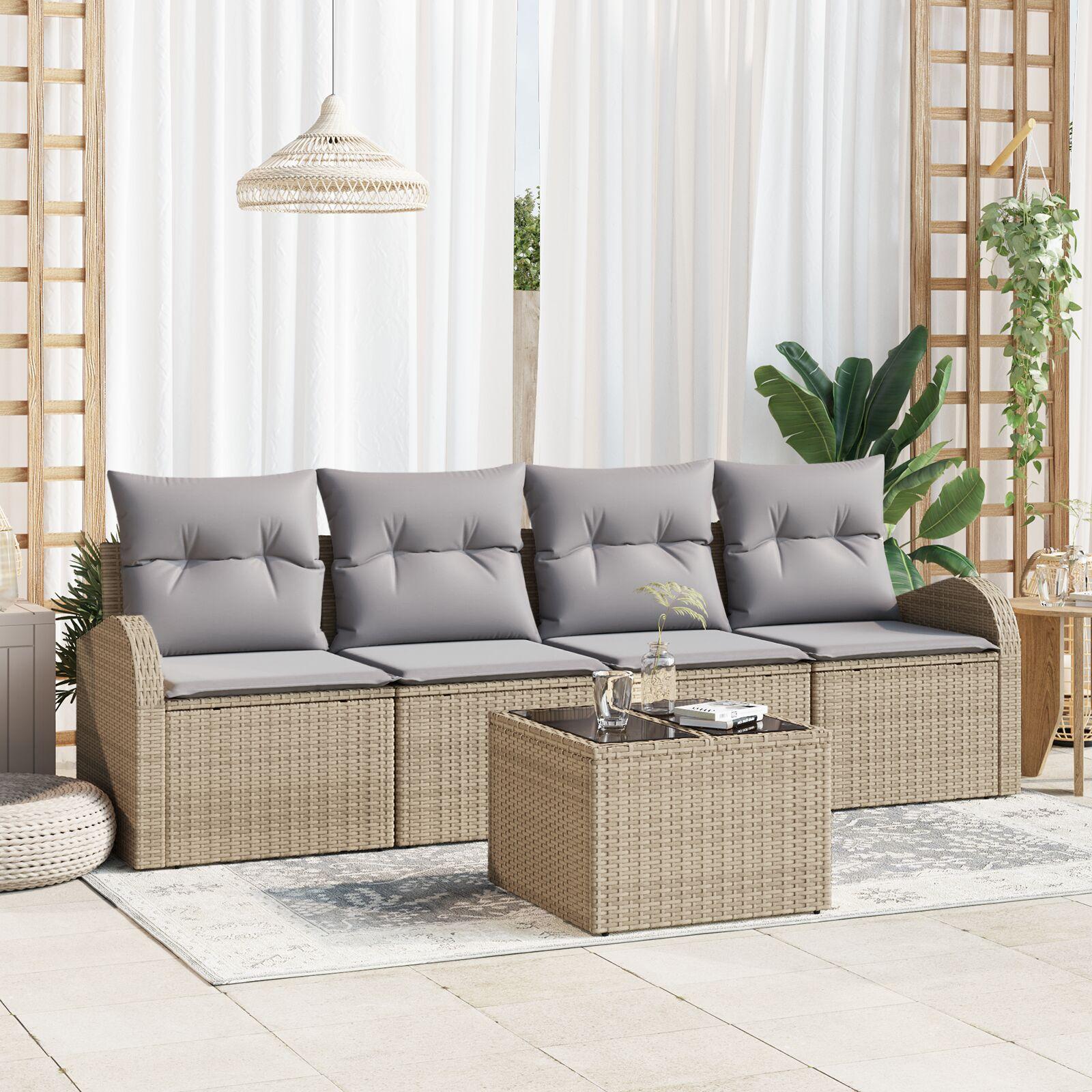 Havesofa Sæt med pude 5 stk Beige 55 x 55 x 37 cm Poly rattan