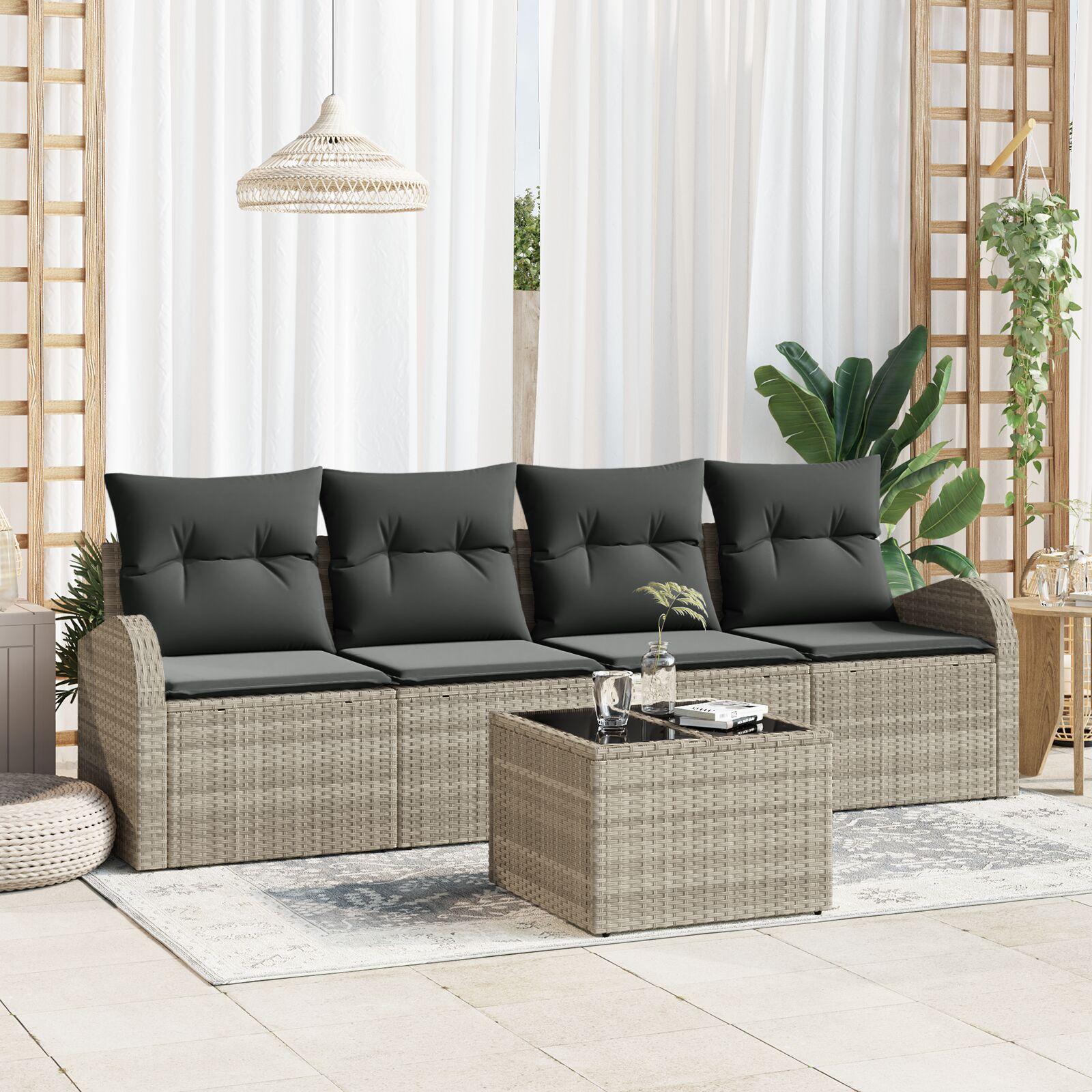 Havesofa Sæt med pude 5 stk Lysegrå 55 x 55 x 37 cm Poly rattan