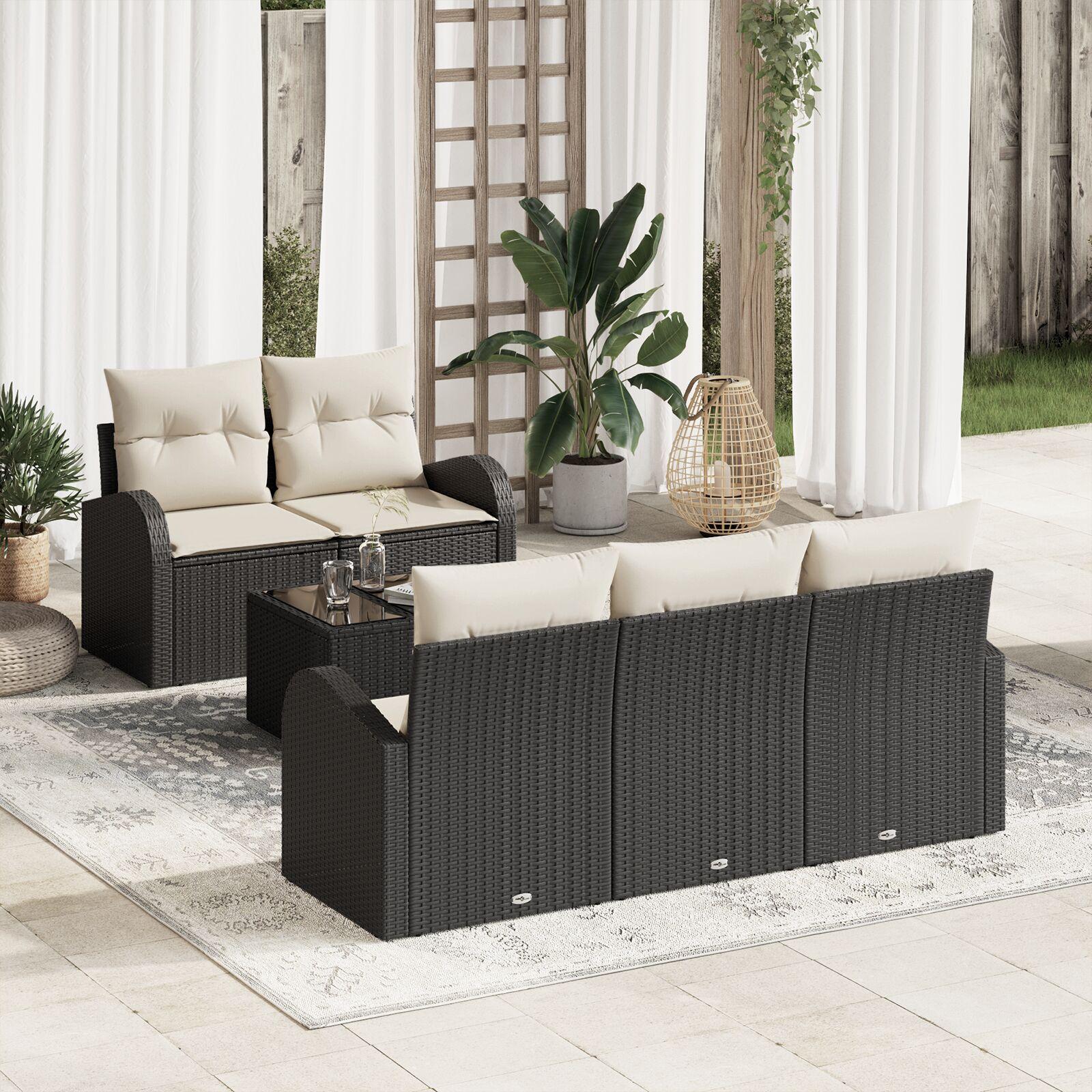 Havesofa Sæt med pude 6 stk Sort 55 x 55 x 37 cm Poly rattan