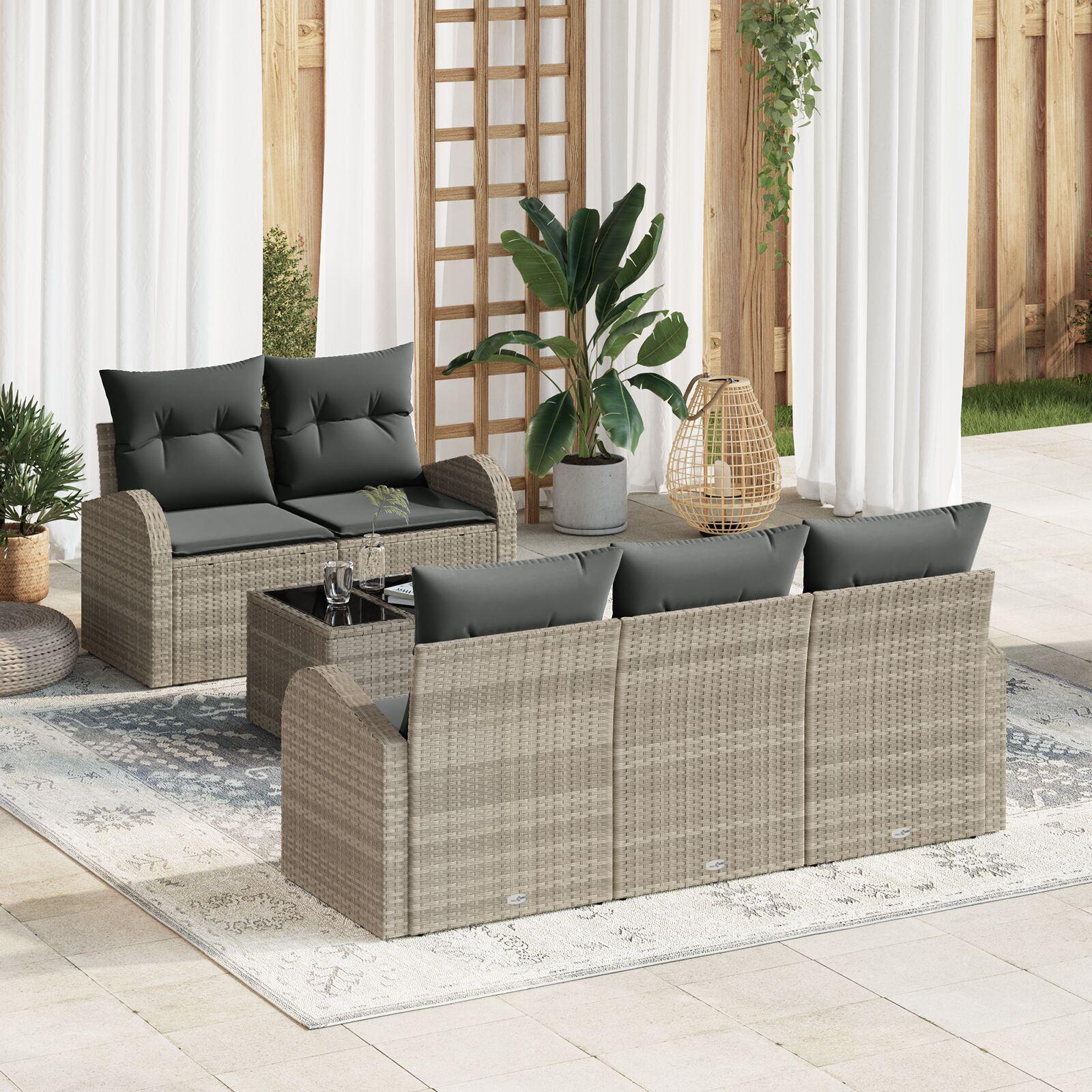 Havesofa Sæt med pude 6 stk Lysegrå 55 x 55 x 37 cm Poly rattan