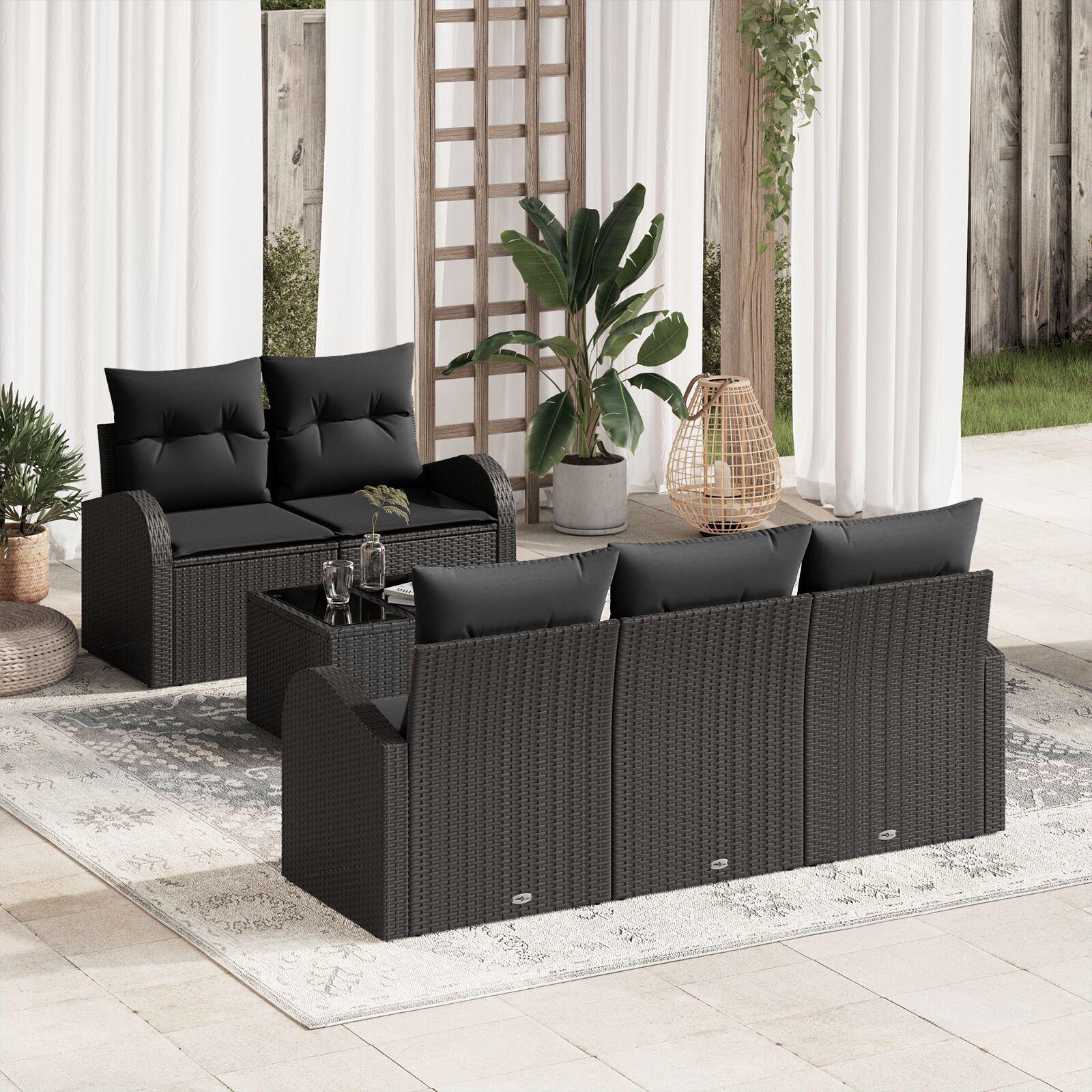 Havesofa Sæt med pude 6 stk Sort 55 x 55 x 37 cm Poly rattan