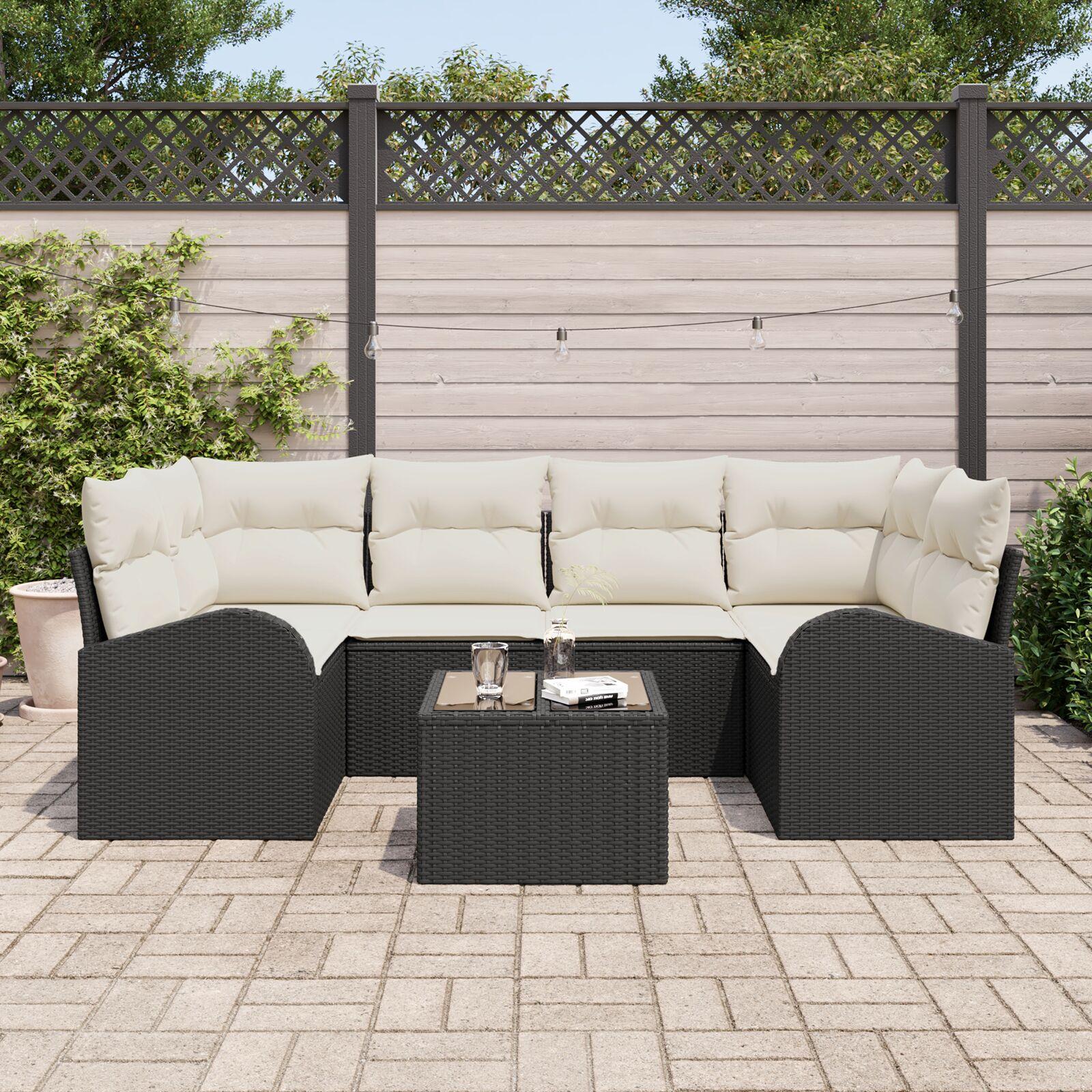 Havesofa Sæt med pude 7 stk Sort 55 x 55 x 37 cm Poly rattan