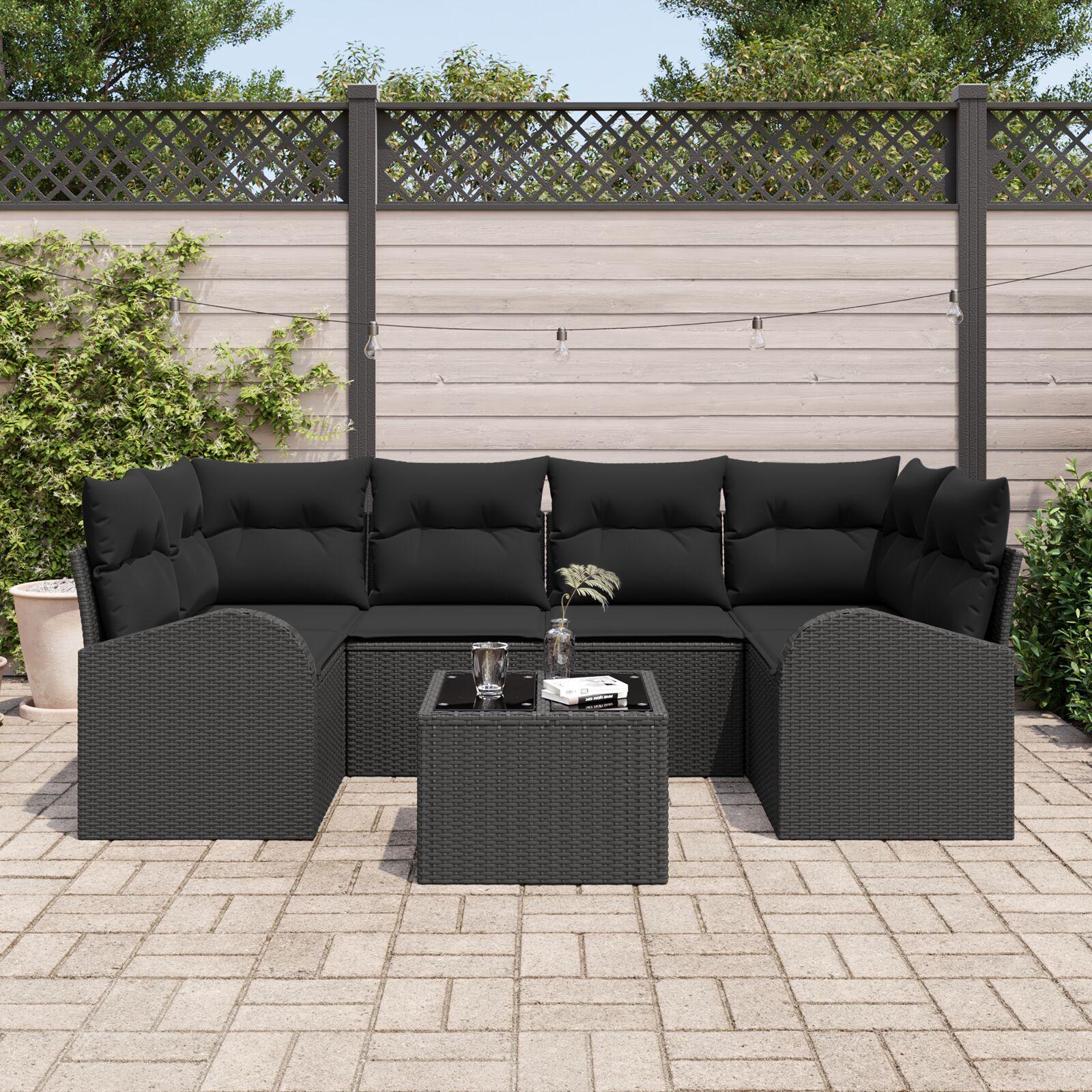 Havesofa Sæt med pude 7 stk Sort 55 x 55 x 37 cm Poly rattan