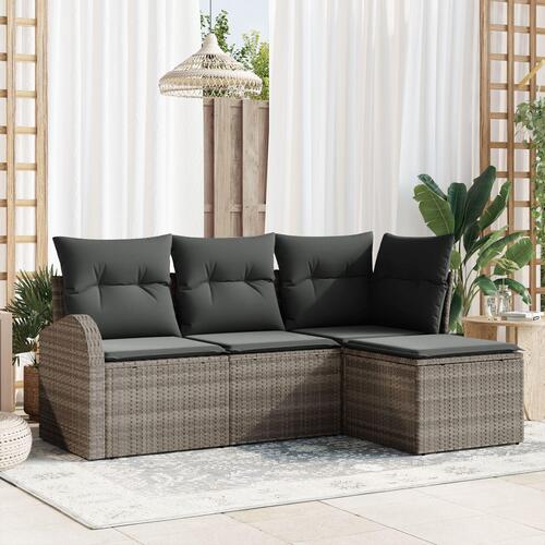 4 Delers Have Sofaset med Puder Grå Poly Rattan