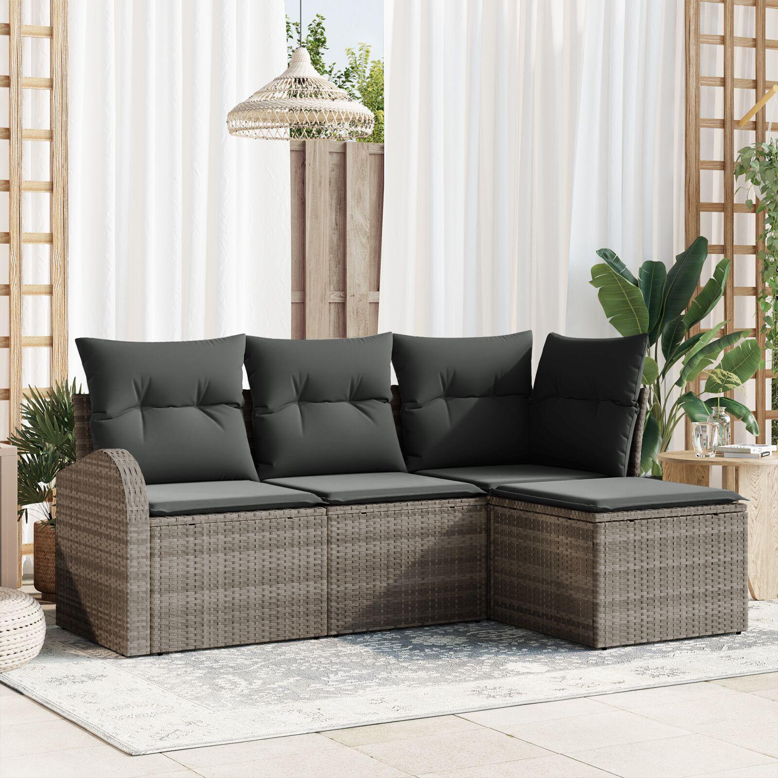 4 Delers Have Sofaset med Puder Grå Poly Rattan