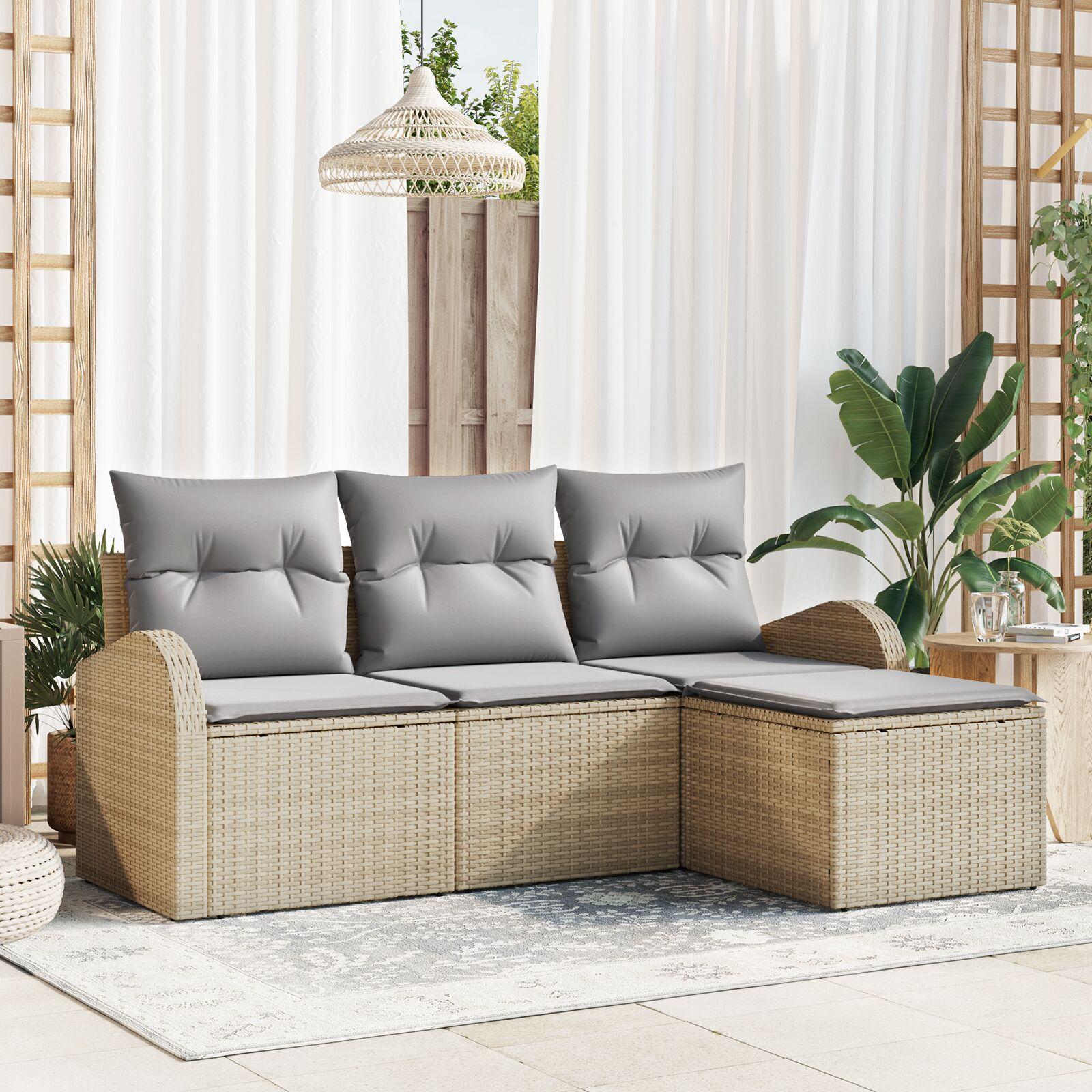 Havesofa Sæt med pude 4 stk Beige Poly rattan