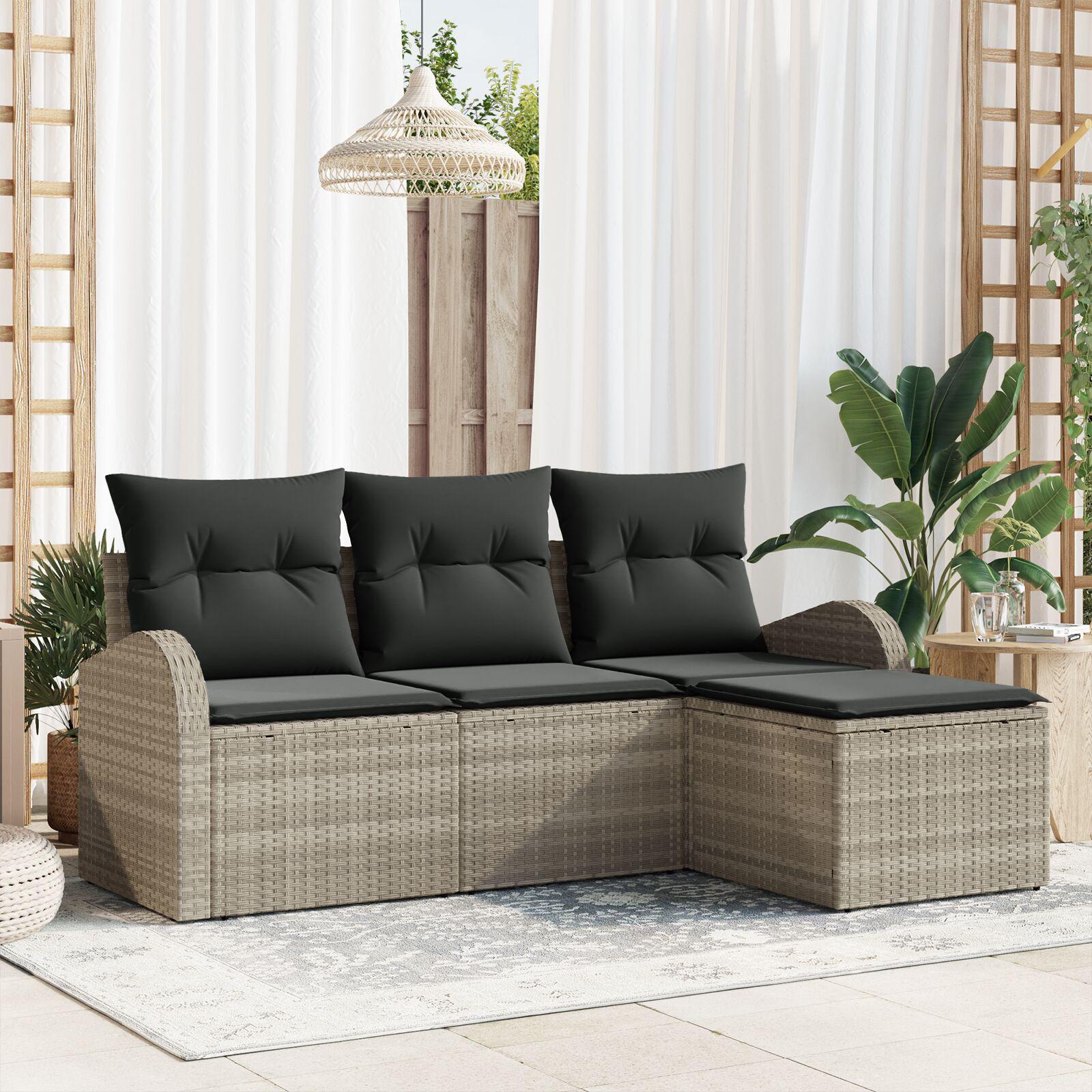 Havesofa Sæt med pude 4 stk Lysegrå Poly rattan