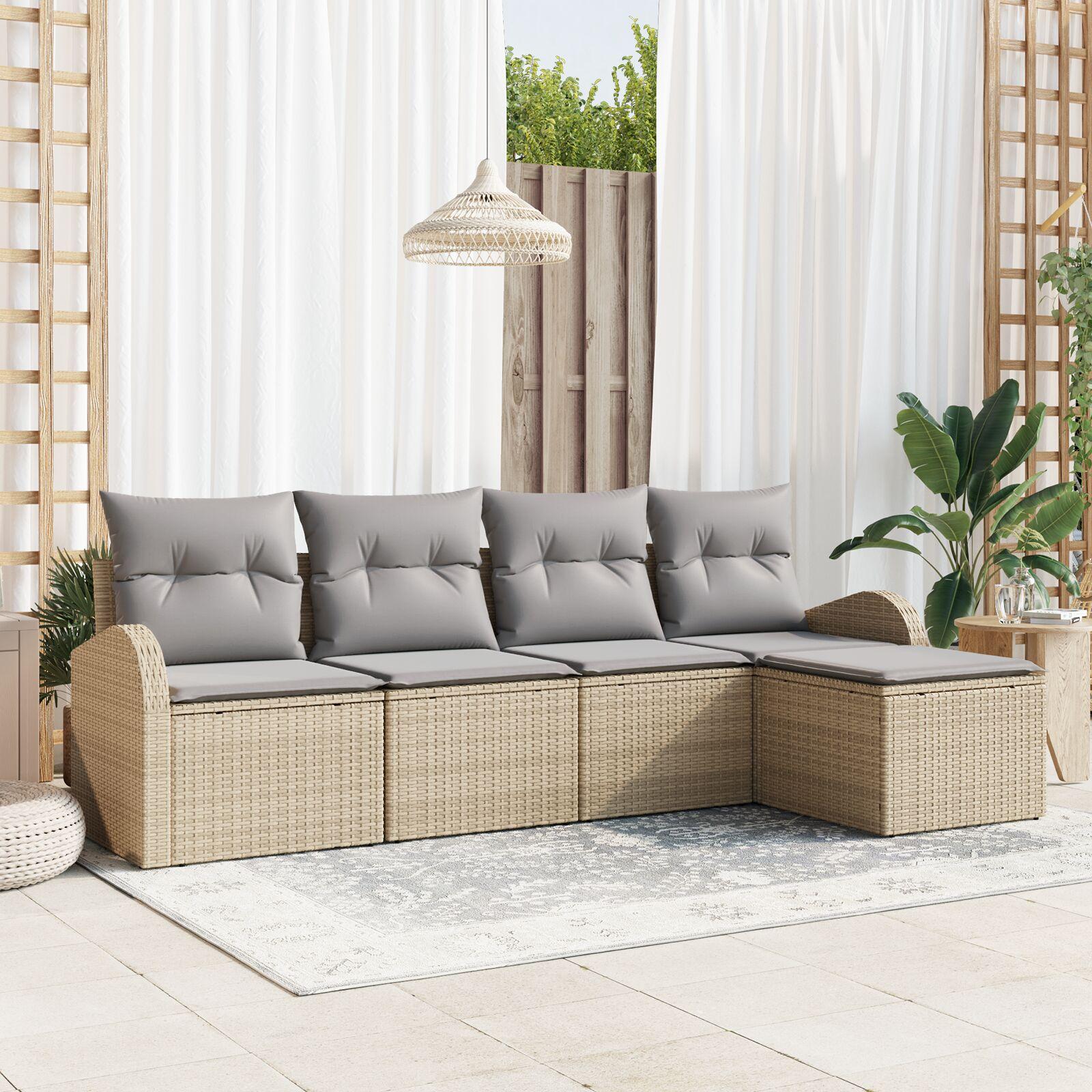Havesofa Sæt med pude 5 stk Beige Poly rattan