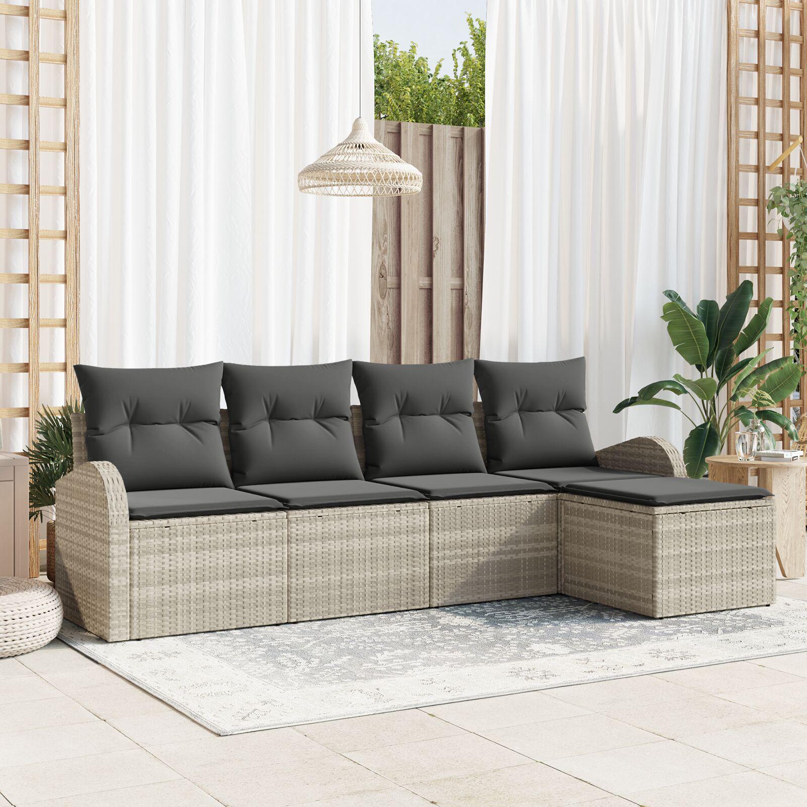 Havesofa Sæt med pude 5 stk Lysegrå Poly rattan