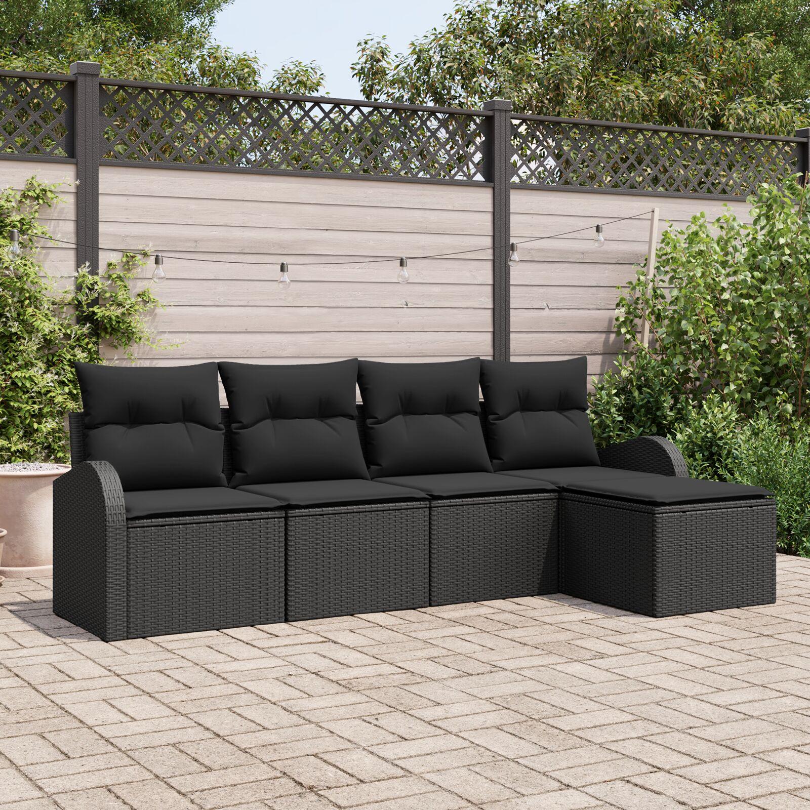 Havesofa Sæt med pude 5 stk Sort Poly rattan