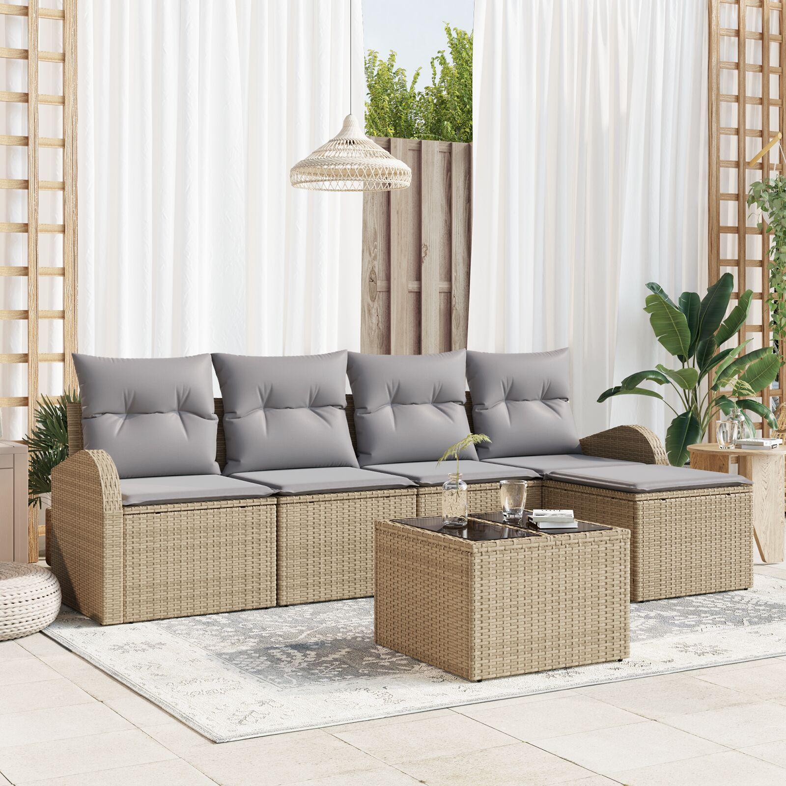 Havesofa Sæt Med Pude 6 Dele Poly Rattan - beige og grå