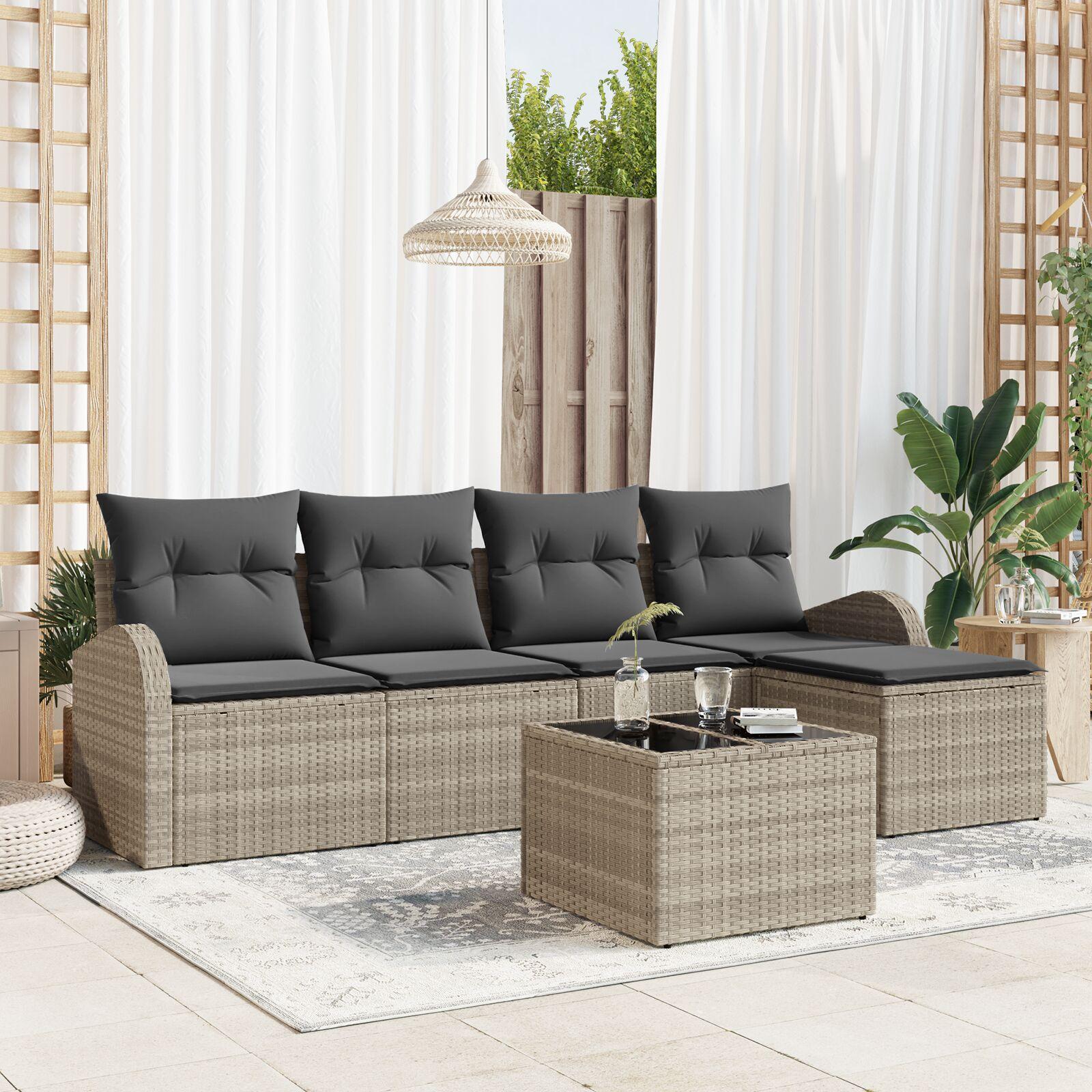 Havesofa Sæt med pude 6 stk Lysegrå Poly rattan