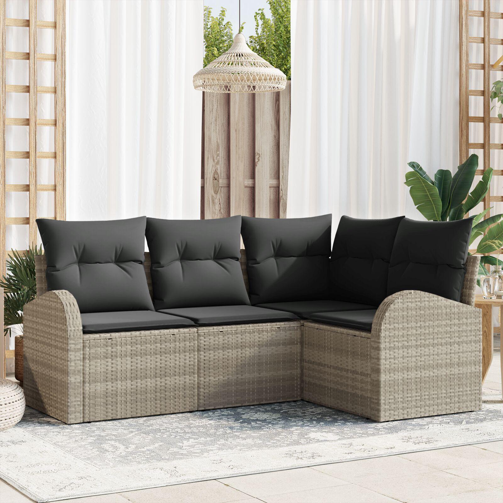 Havesofa Sæt med pude 4 stk Lysegrå Poly rattan