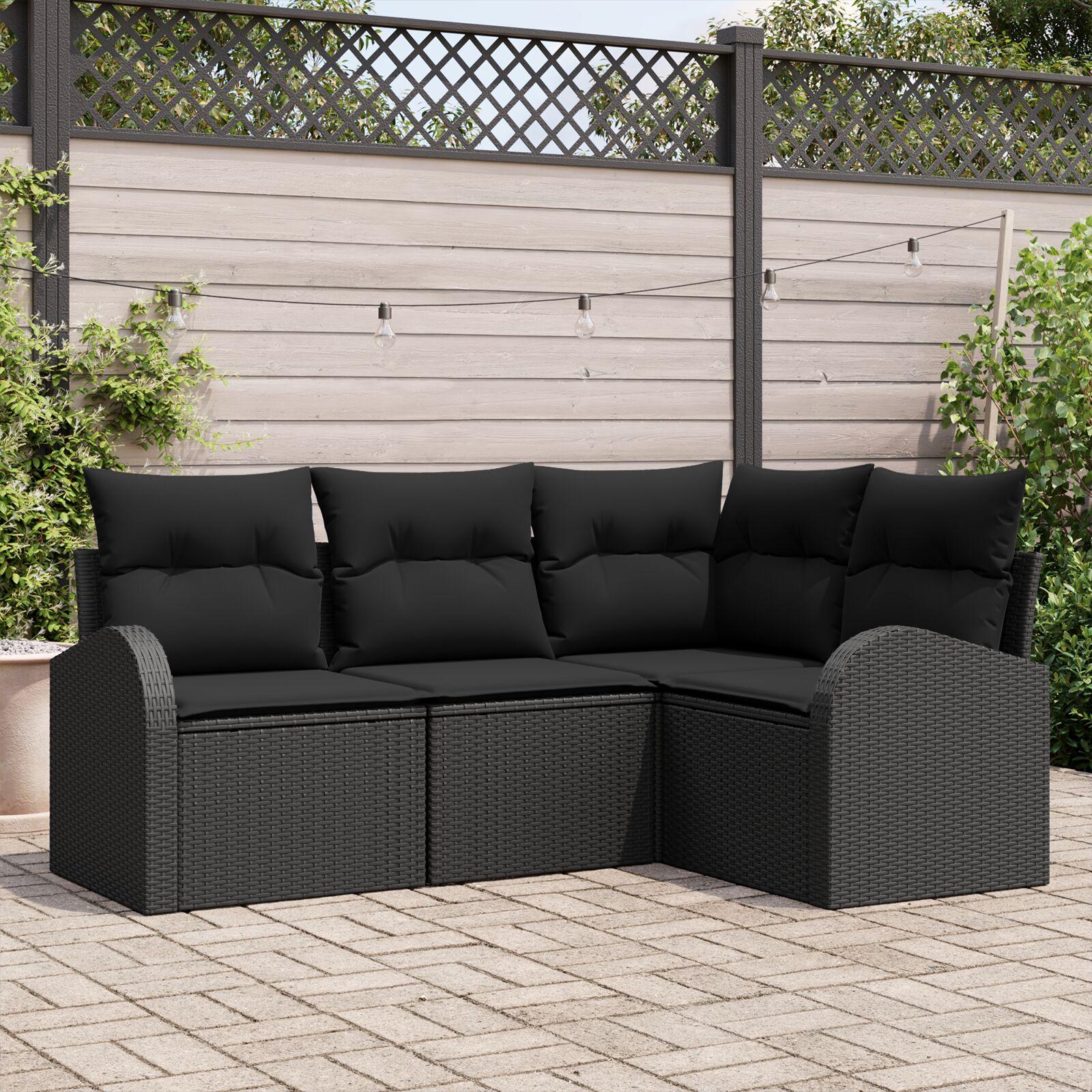 Havesofa Sæt med pude 4 stk Sort Poly rattan