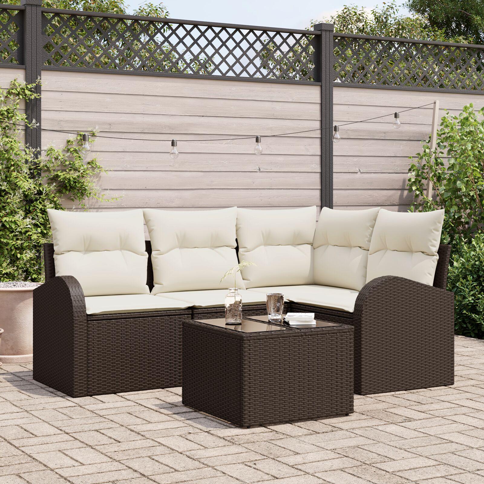 Havesofa Sæt med pude 5 stk Brun Poly rattan