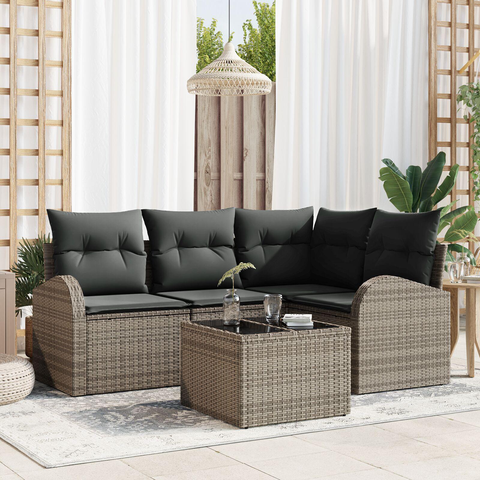 Havesofa Sæt med pude 5 stk Grå Poly rattan