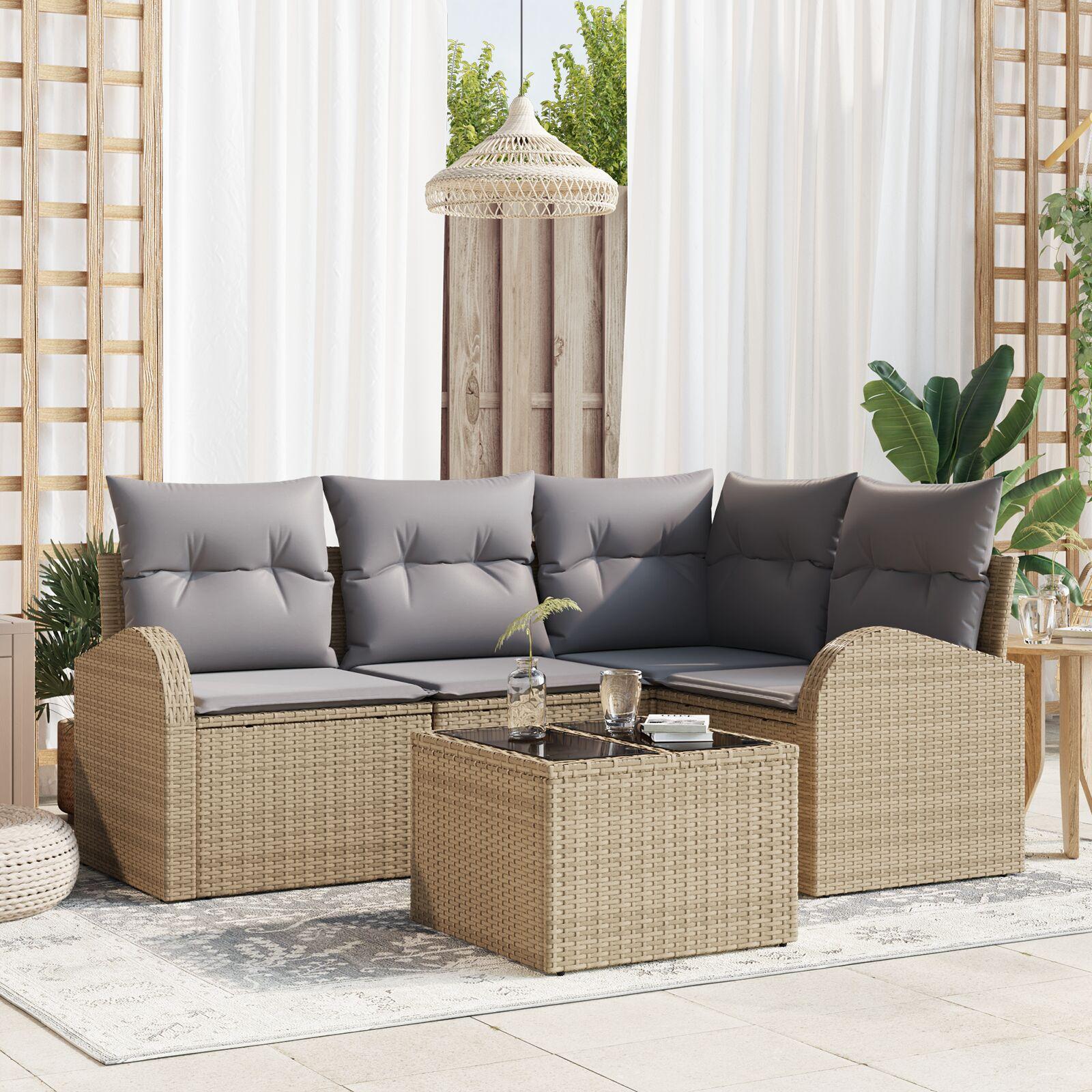 Havesofa Sæt med pude 5 stk Beige Poly rattan