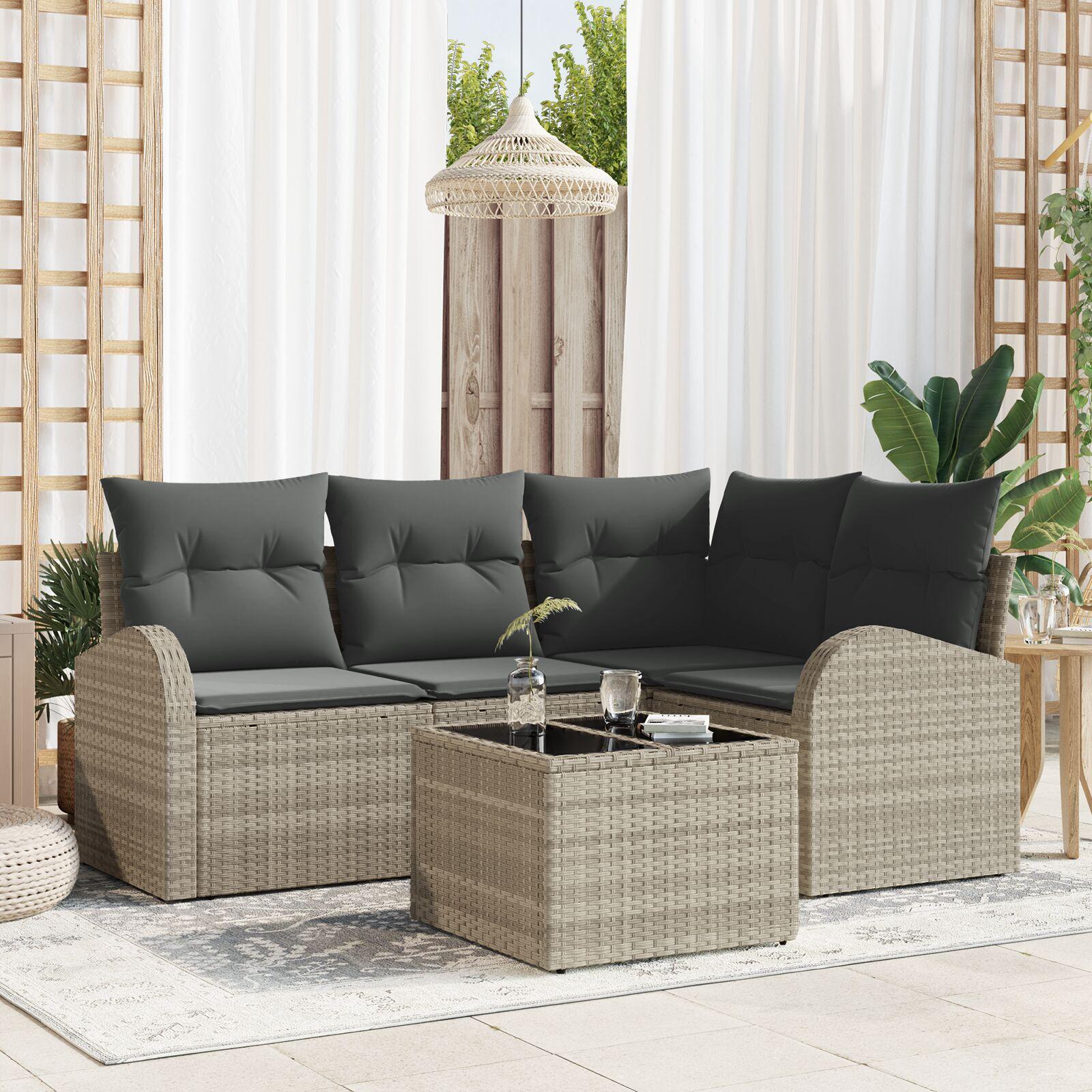 Havesofa Sæt med pude 5 stk Lysegrå Poly rattan