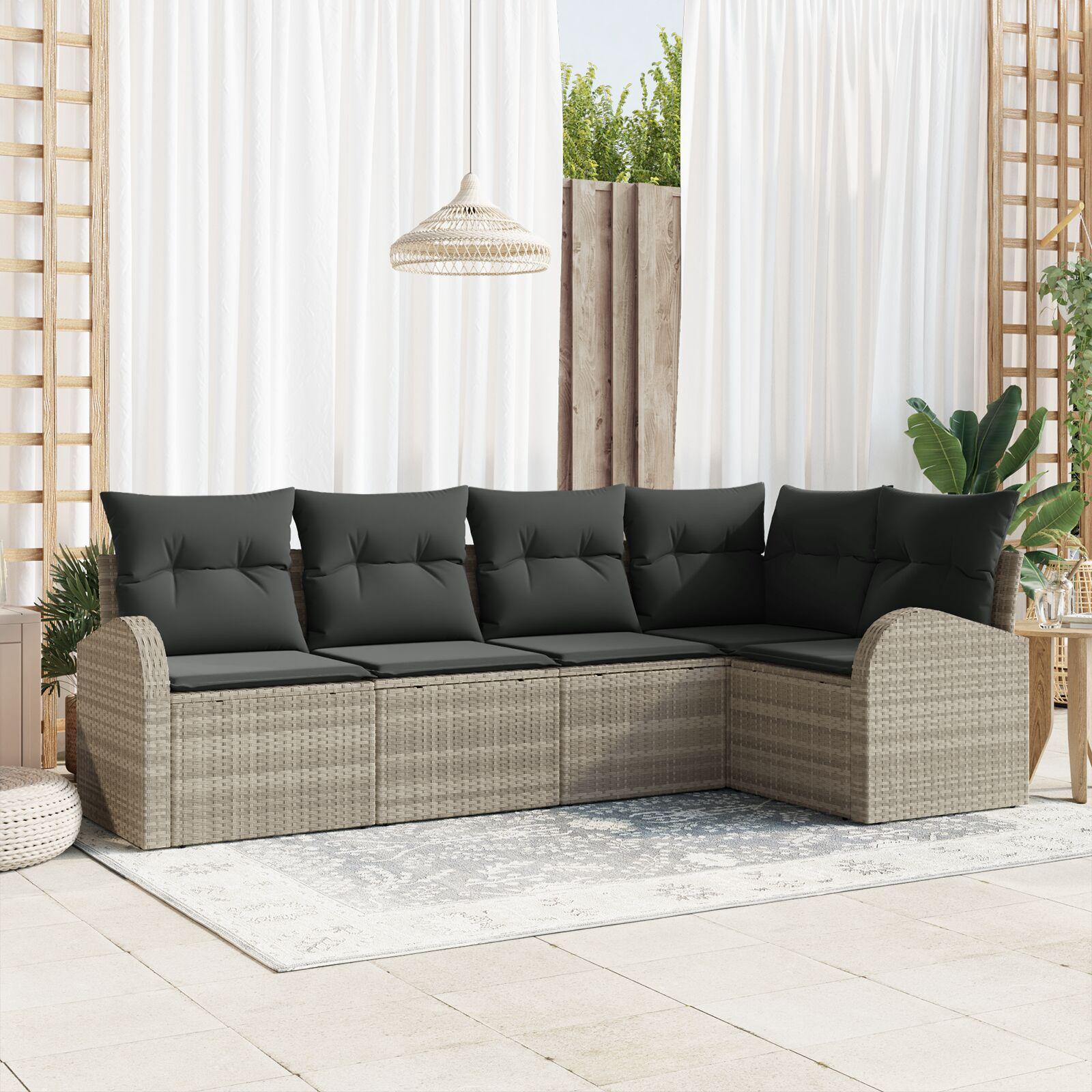 Havesofa Sæt med pude 5 stk Lysegrå Poly rattan